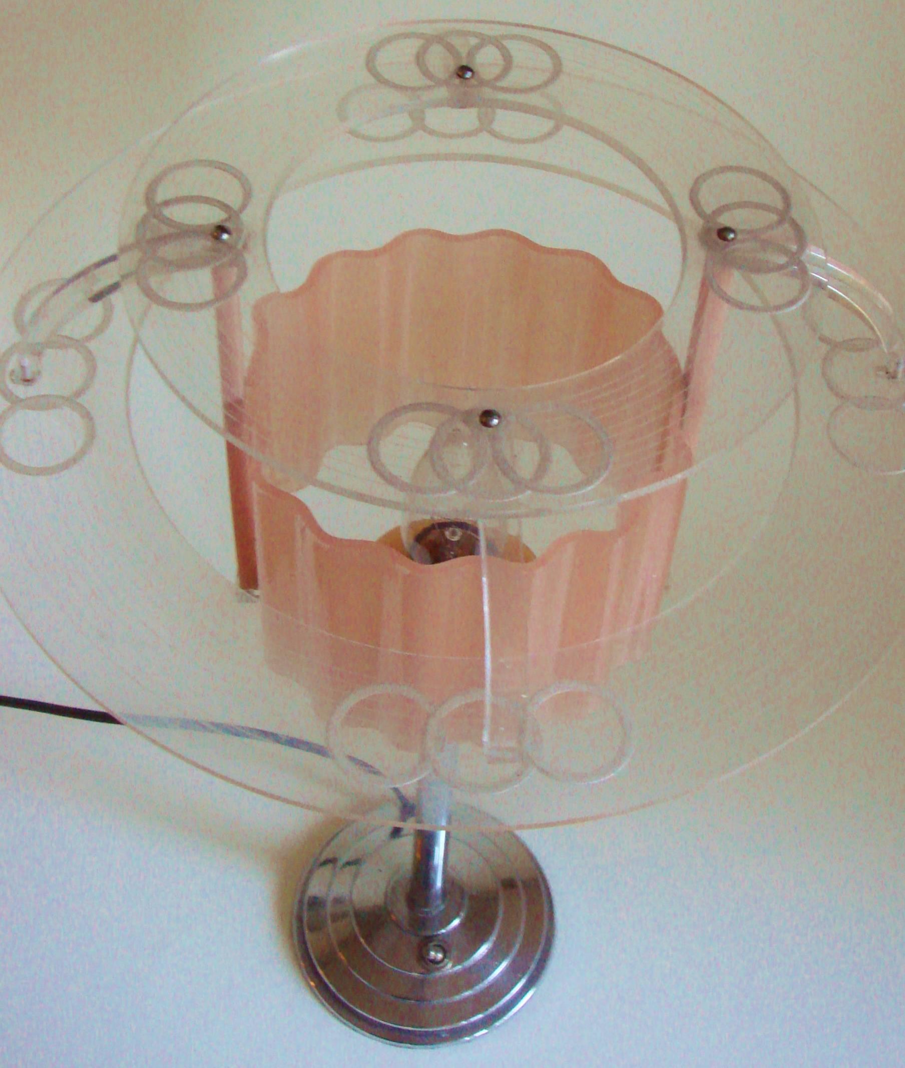 English Art Deco Table Lamp in Chrome with Pink and Etched Clear Lucite Shade 4