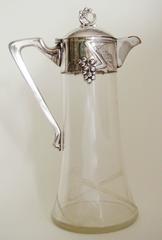 Large French Art Nouveau Cut Glass Claret Jug with Silver Plated Neck and Lid