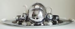 Rare Mid-Century 7-Piece Insulated Tea Set in Chrome, Ceramic & Lucite.