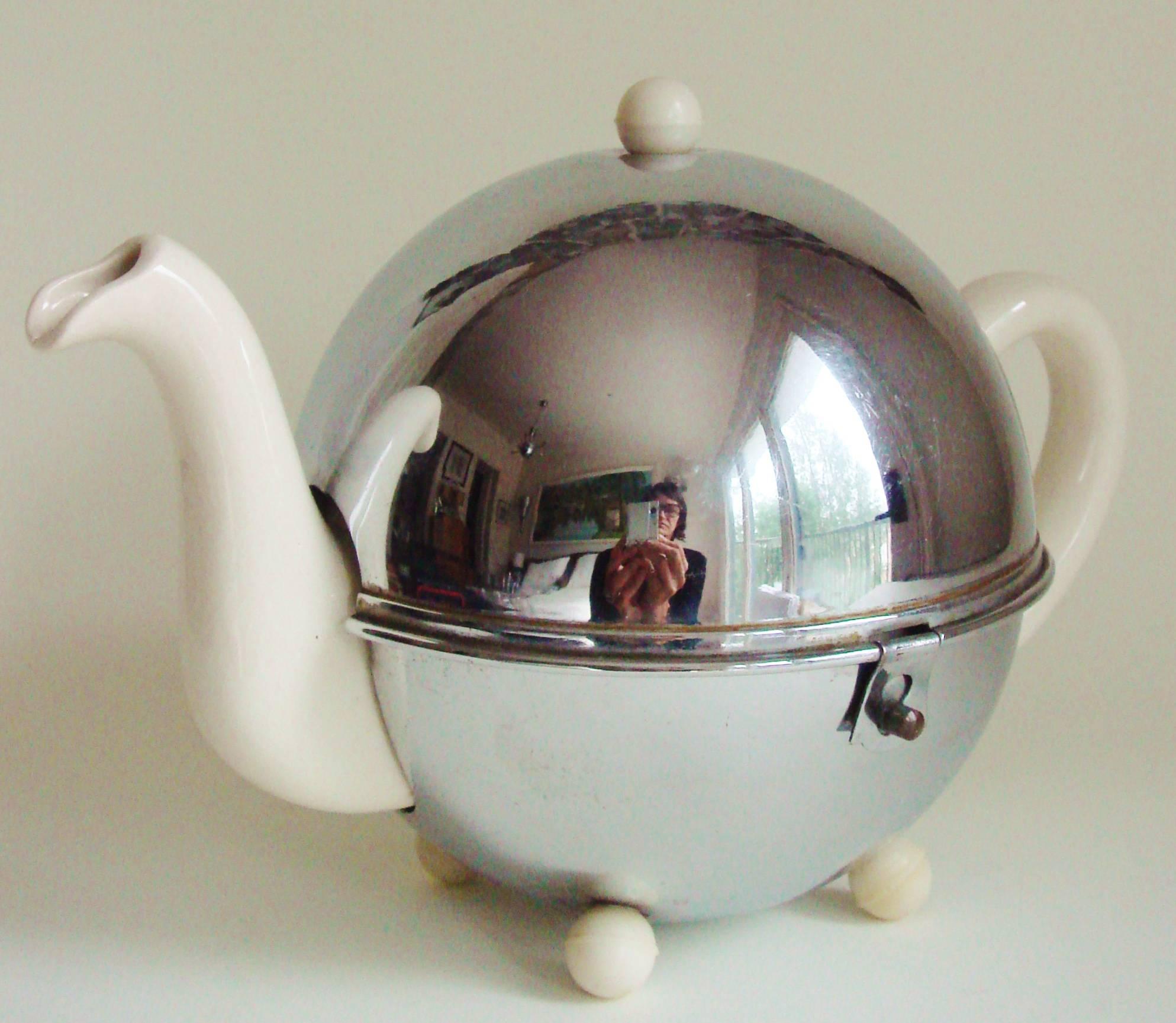 Rare MidCentury 7Piece Insulated Tea Set in Chrome, Ceramic and