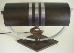 American Art Deco Adjustable Figural Desk Lamp in Bronzed Brass and Chrome