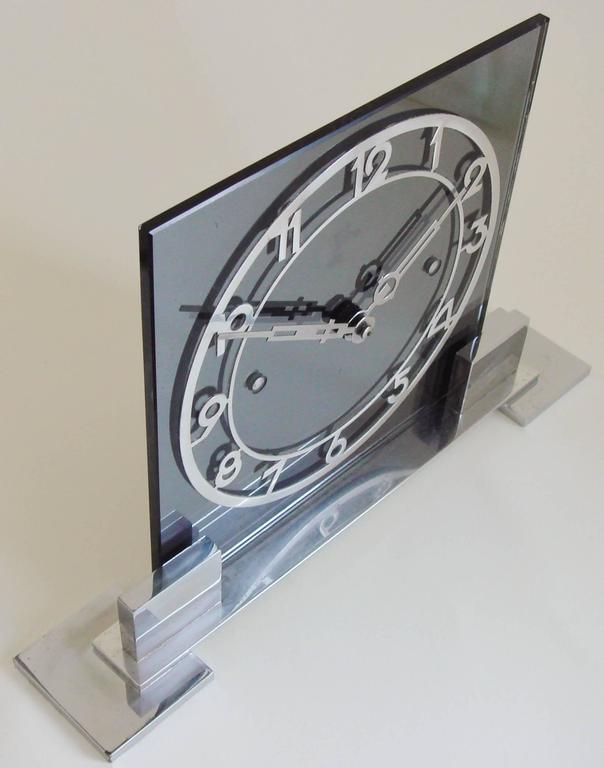 Large French Art Deco Mantle Clock in Chrome, Aluminium and Gray Mirror