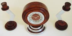 German Art Deco Geometric Clock & Candlestick Set in Chrome & Oak.