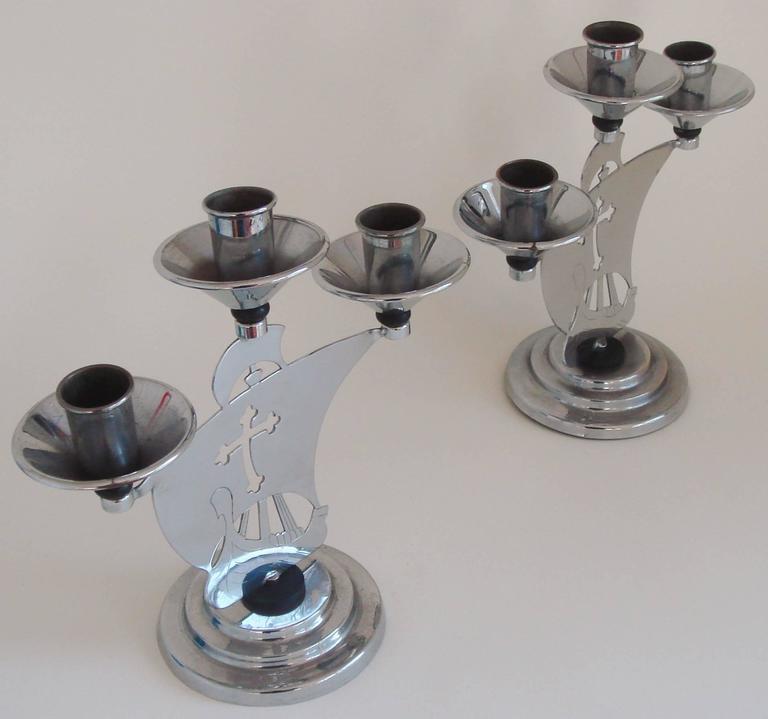 Pair of English Art Deco Triple Candle Holders in Chrome and Black