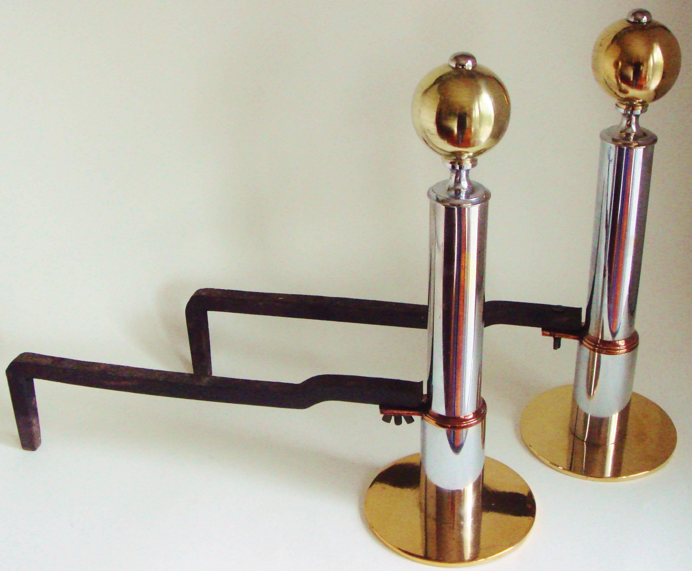 Cast Pair of American Art Deco Andirons in Brass, Copper, Chrome and Iron. 