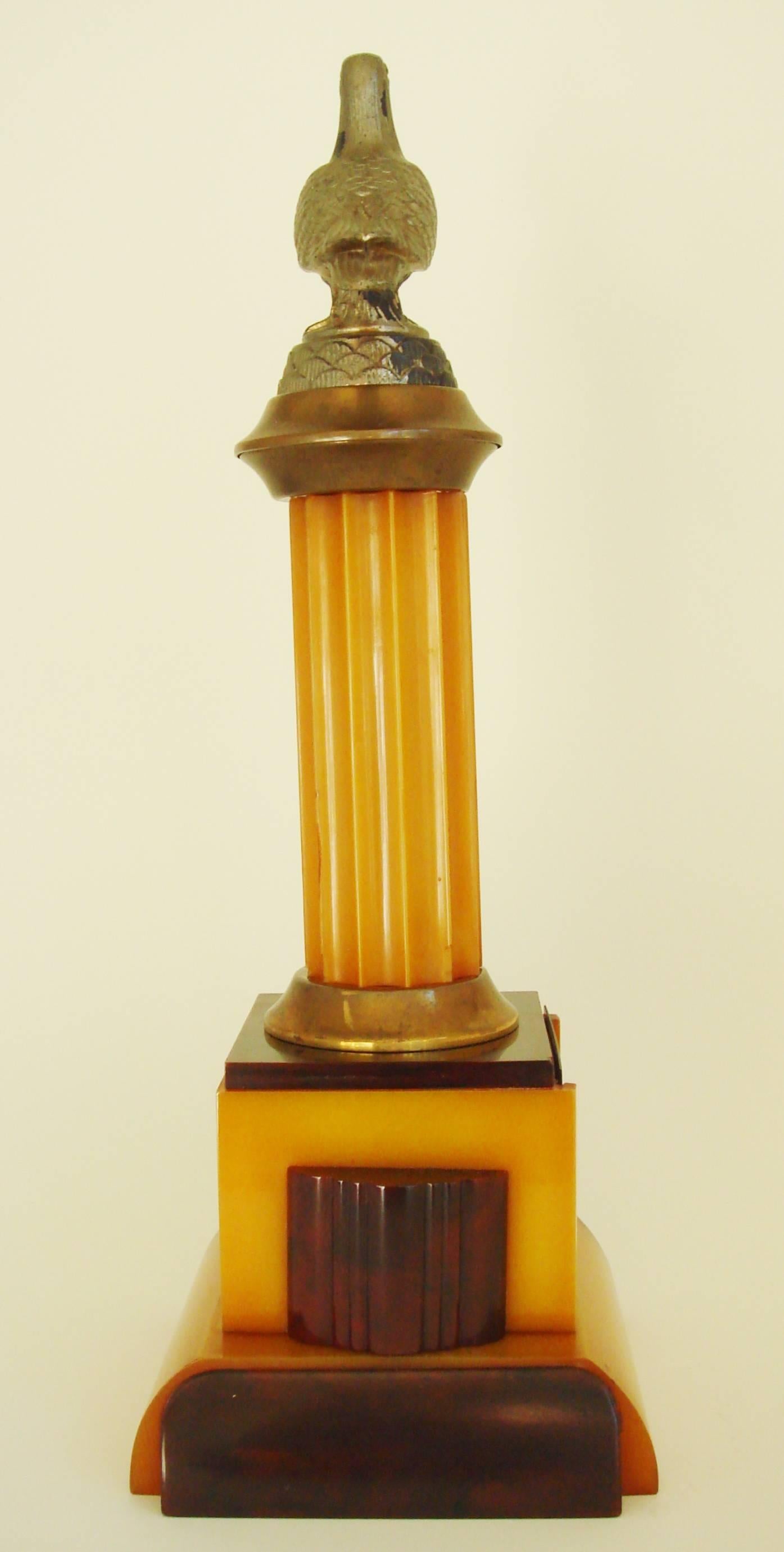 Molded American Art Deco Brass, Amber & Marbled Burgundy Catalin Pigeon Racing Trophy. 