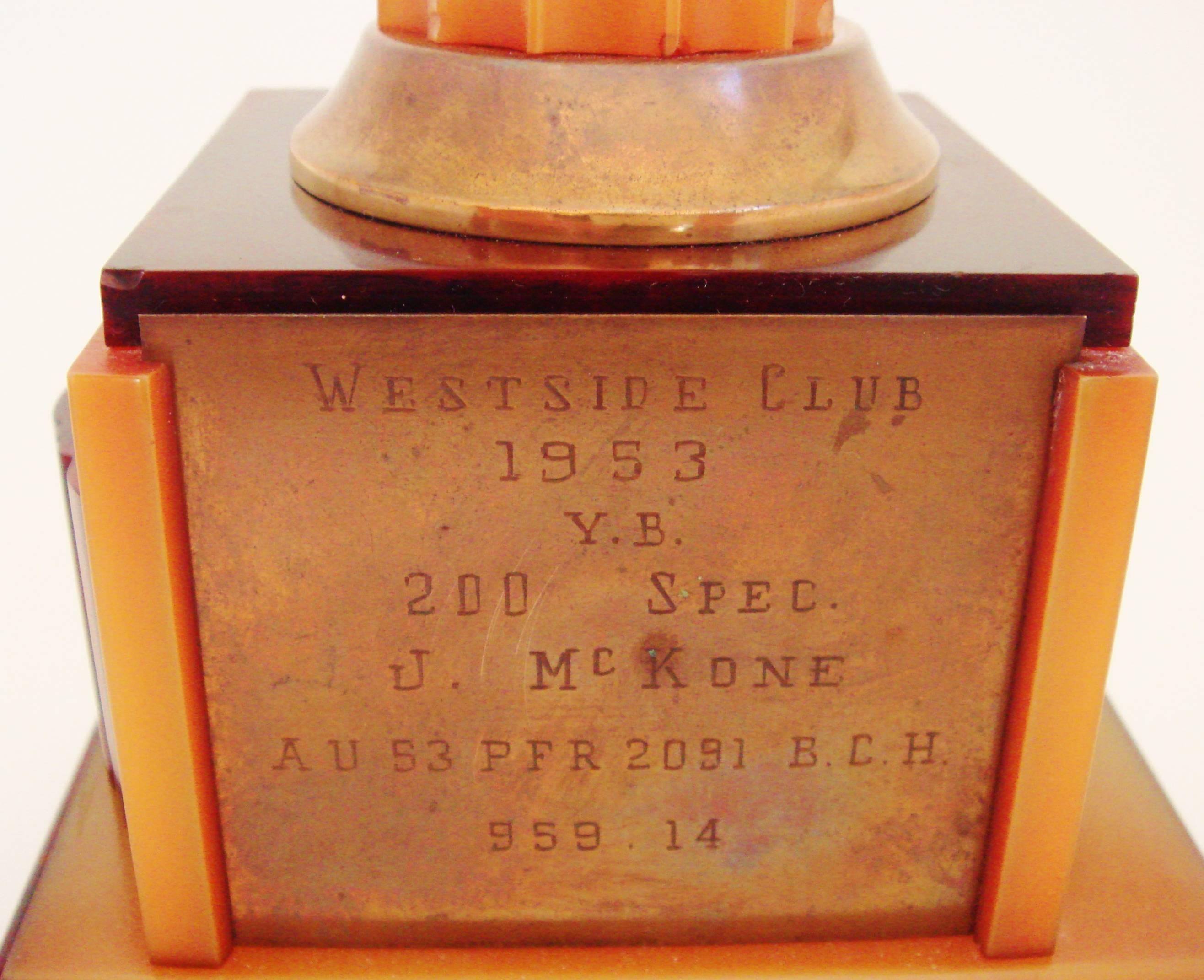 American Art Deco Brass, Amber & Marbled Burgundy Catalin Pigeon Racing Trophy. In Good Condition In Port Hope, ON