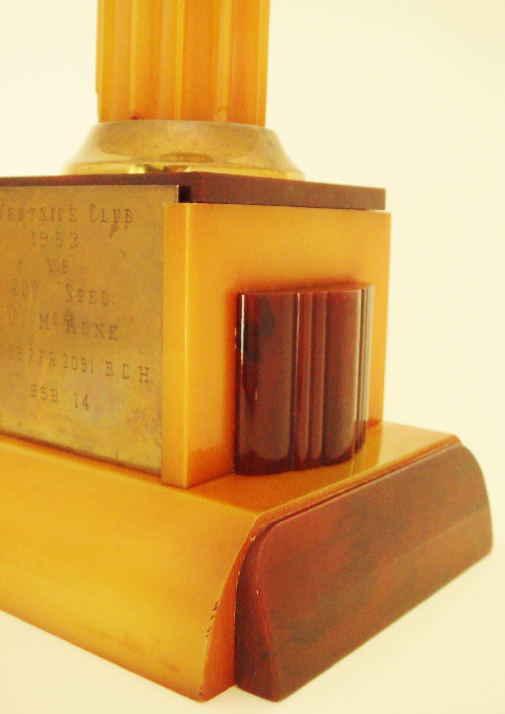 Mid-20th Century American Art Deco Brass, Amber & Marbled Burgundy Catalin Pigeon Racing Trophy.
