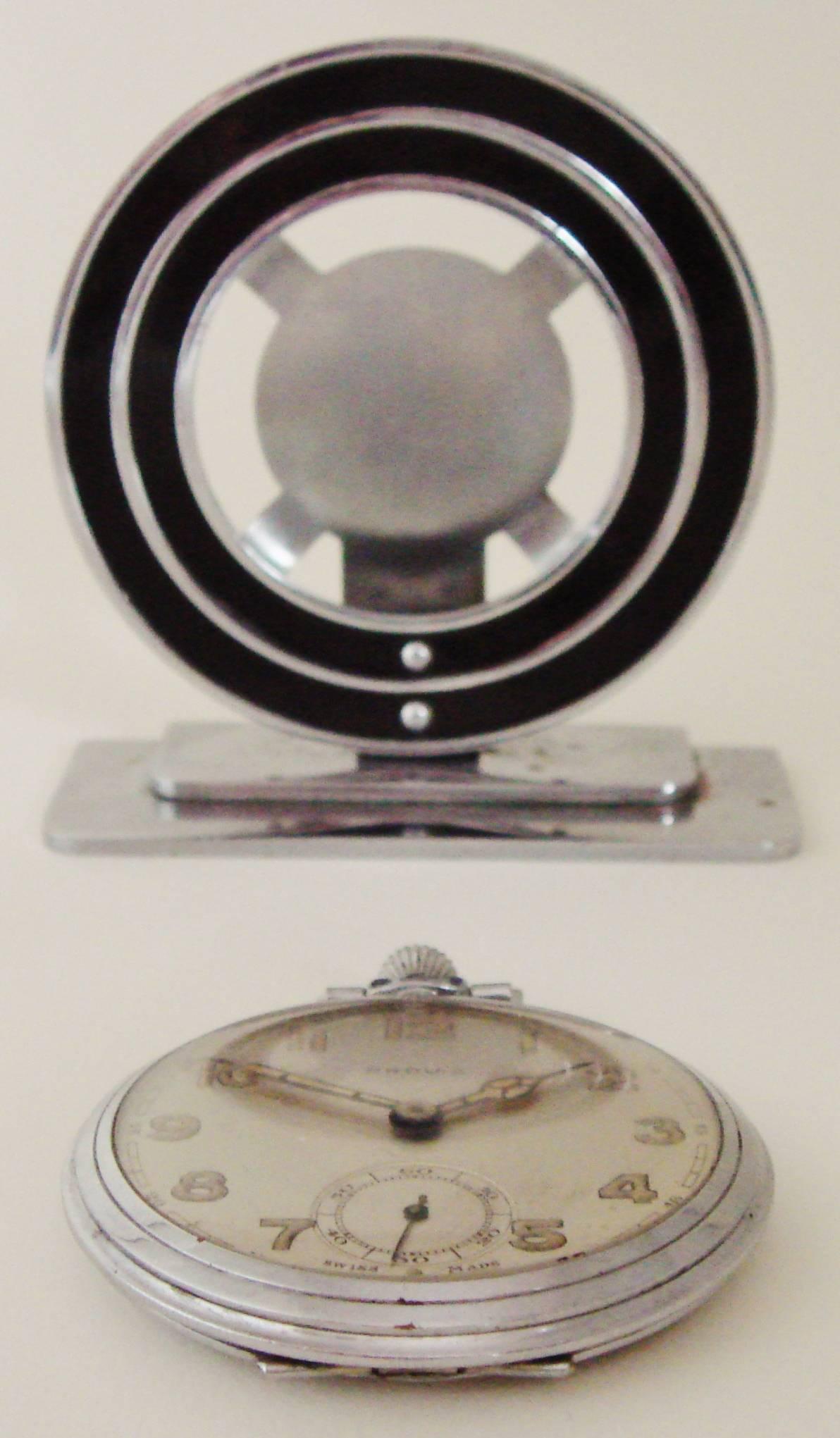 Enamel American Art Deco Black & Chrome Pocket Watch Holder with Swiss Watch by Provis