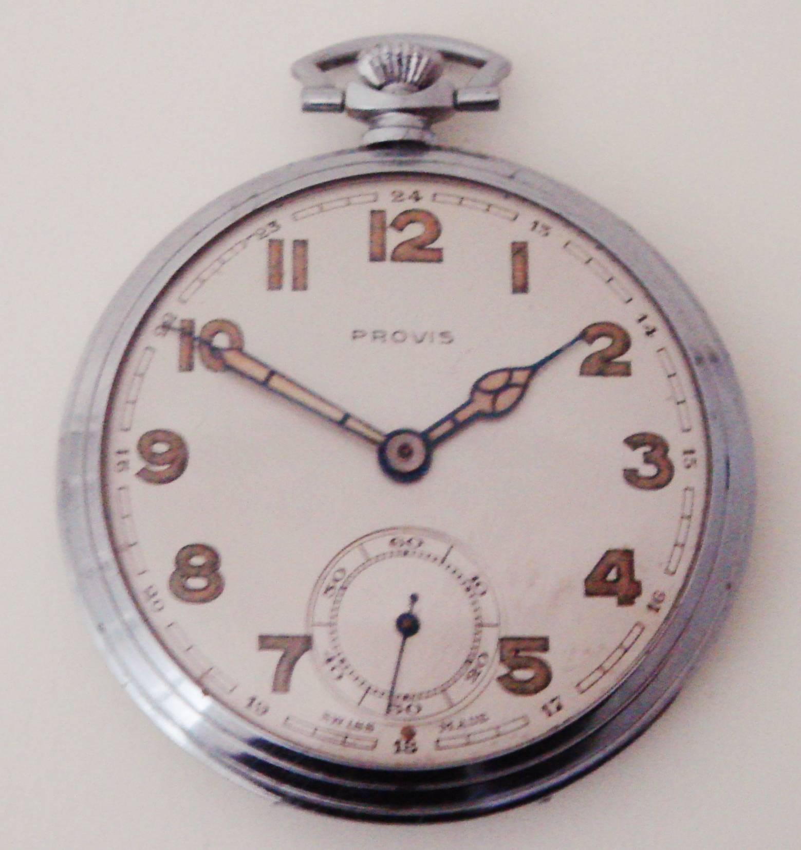 American Art Deco Black & Chrome Pocket Watch Holder with Swiss Watch by Provis 1