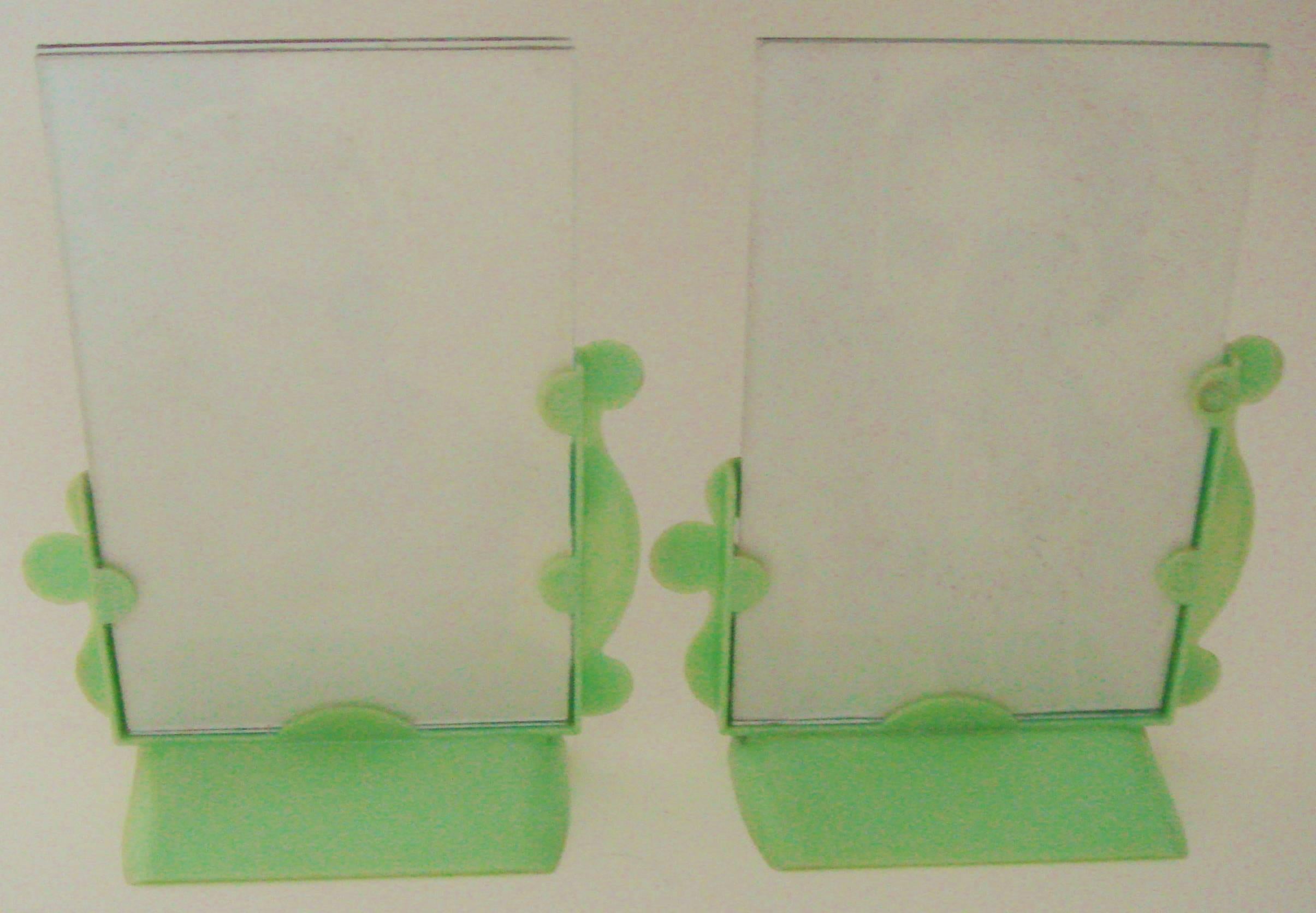 Molded Pair of English Art Deco Marbled Pale Green Lucite Photo Frames For Sale
