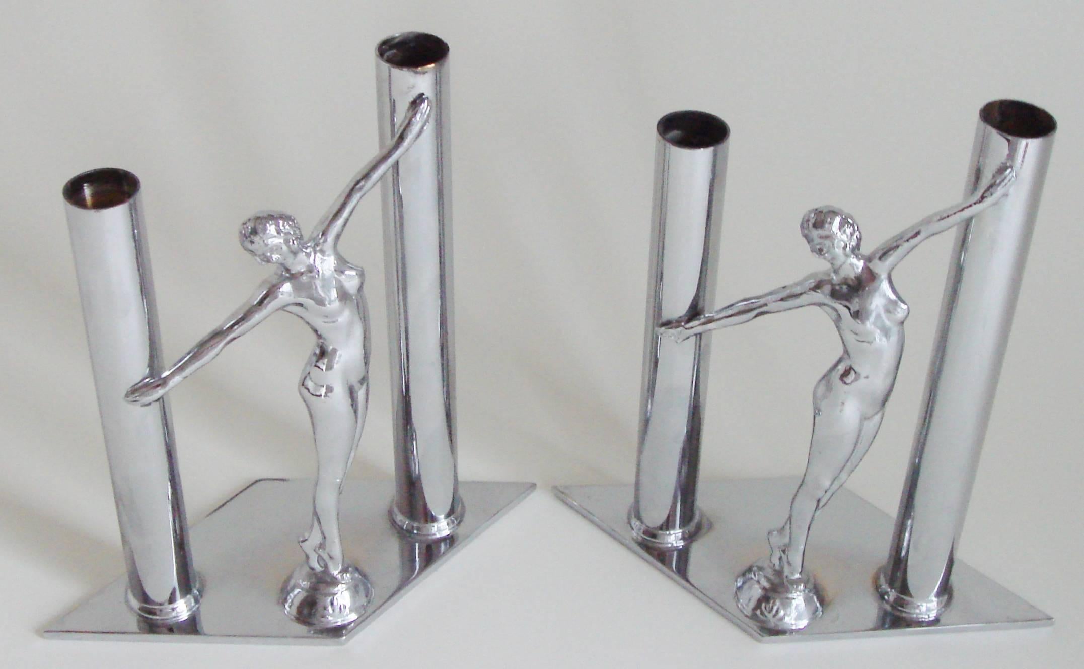 Plated Pair of American Art Deco Chrome Female Nude Figural Twin Bud Vases