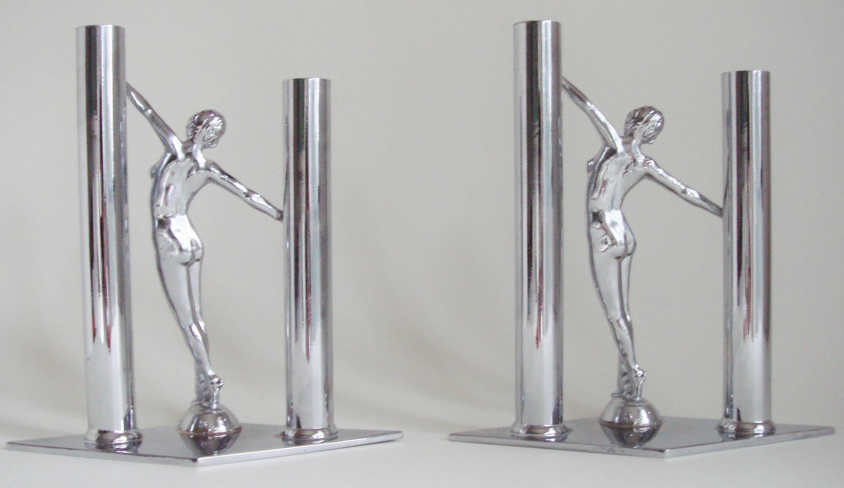Pair of American Art Deco Chrome Female Nude Figural Twin Bud Vases 3