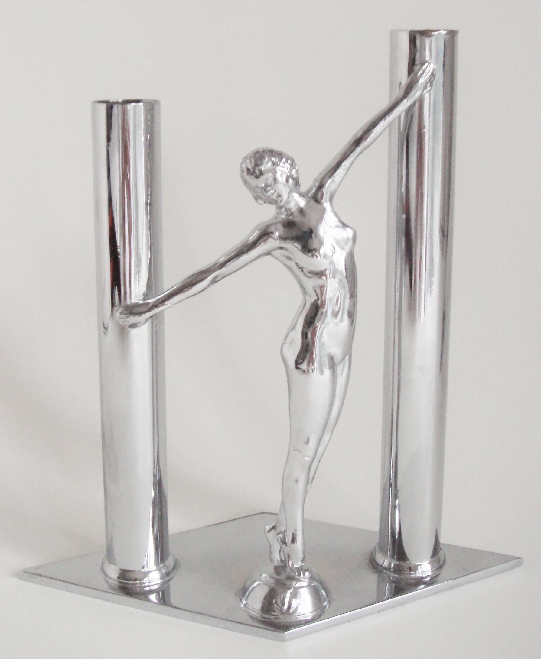 Pair of American Art Deco Chrome Female Nude Figural Twin Bud Vases In Excellent Condition In Port Hope, ON