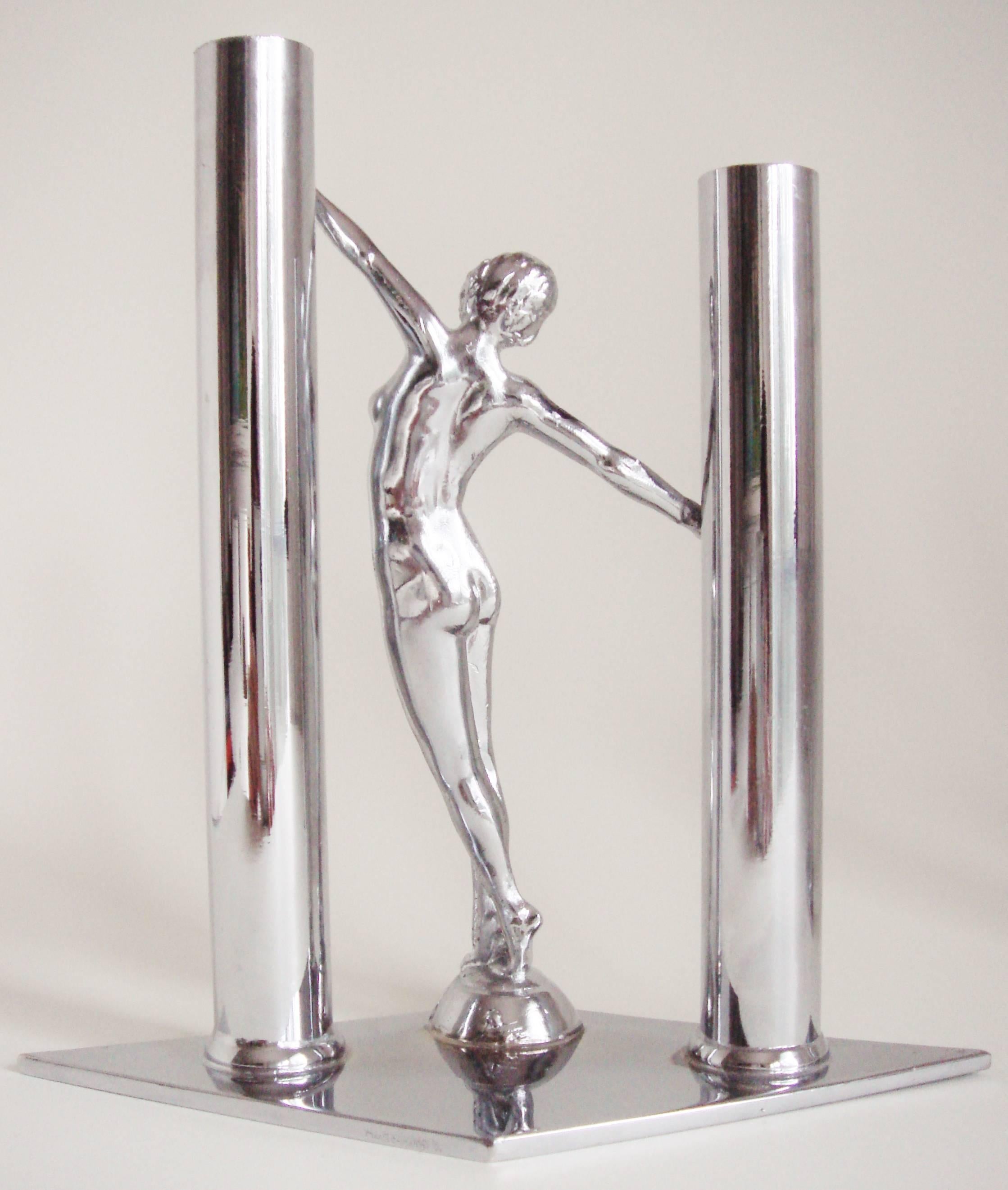 Pair of American Art Deco Chrome Female Nude Figural Twin Bud Vases 4