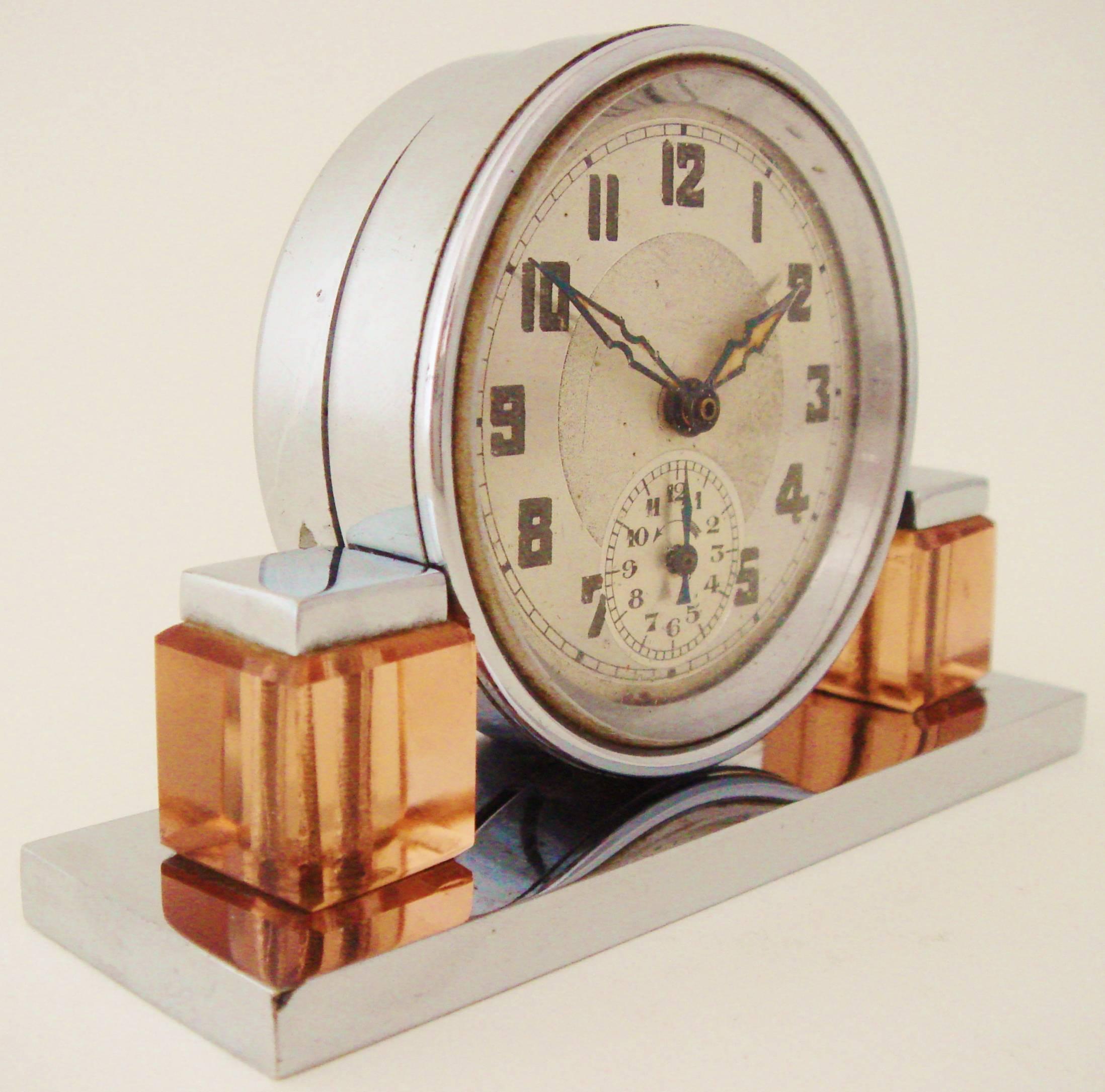 Molded Petite French Art Deco Chrome and Peach Glass Mechanical Alarm Clock