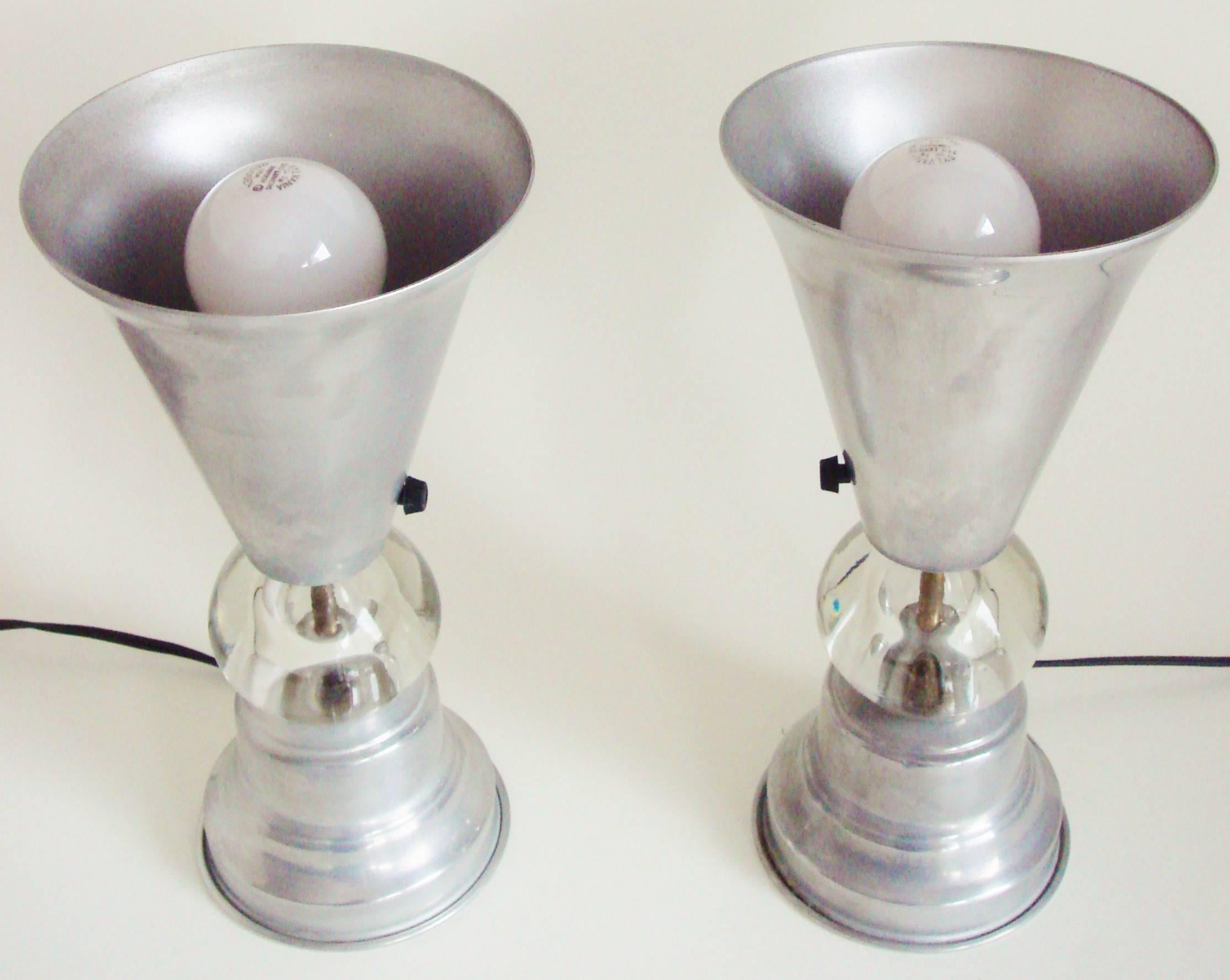 Pair of American Art Deco/Machine Age Aluminum and Glass Tabletop Torchieres In Good Condition For Sale In Port Hope, ON