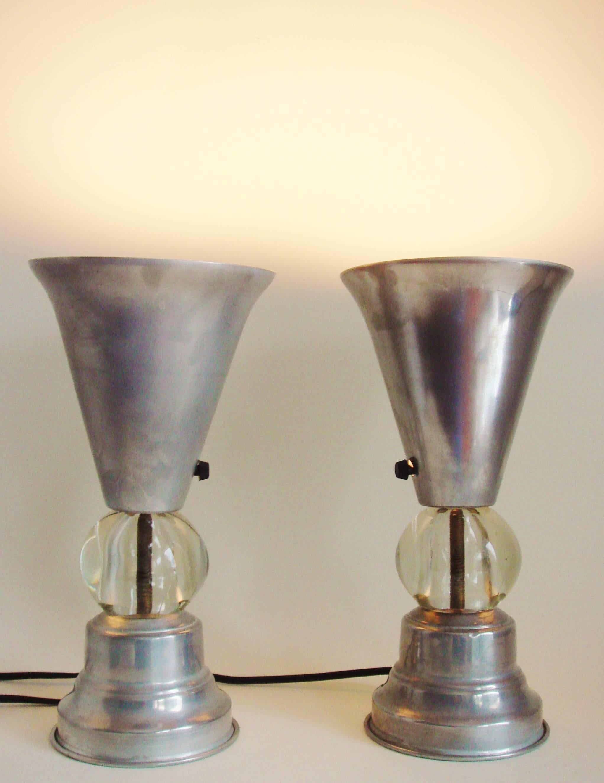 Mid-20th Century Pair of American Art Deco/Machine Age Aluminum and Glass Tabletop Torchieres For Sale