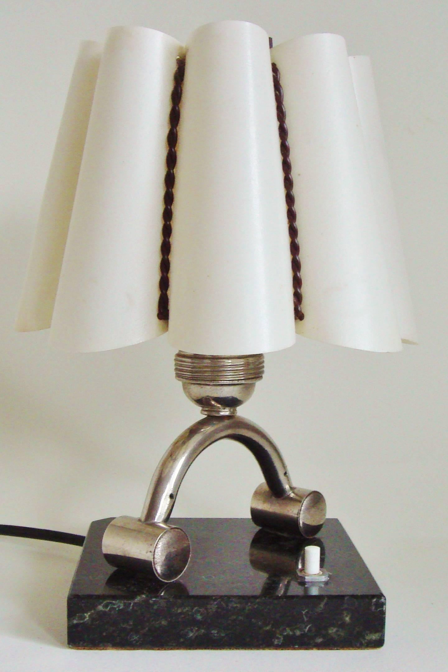 Mid-20th Century Petite French Art Deco Chrome & Marble Accent Lamp with Gimped Fiber Glass Shade For Sale