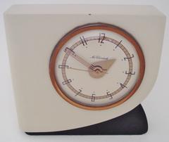 Rare American Art Deco Lacquered Wood & Brass Electric Alarm Clock by McClintock