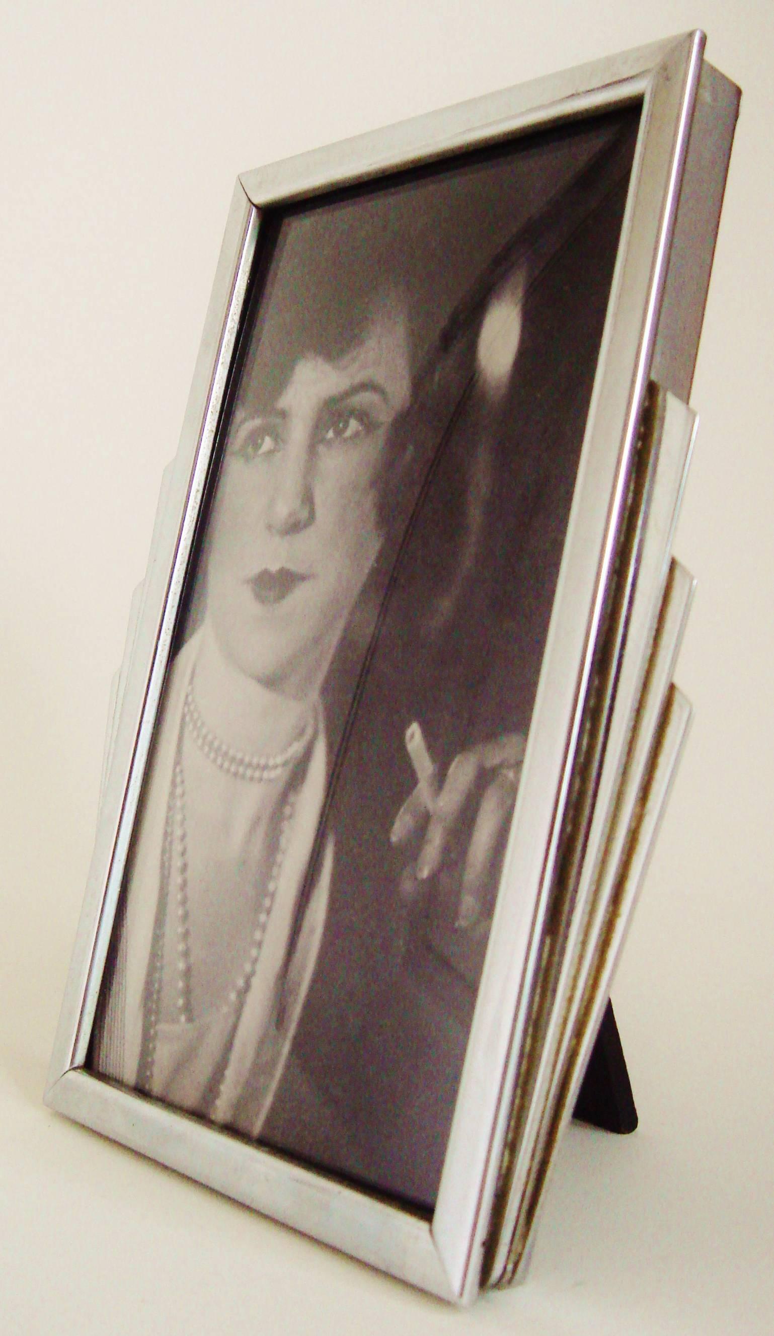 Ebonized English Art Deco Wooden Backed Chrome Surround Photo Frame with Triple Sunrays