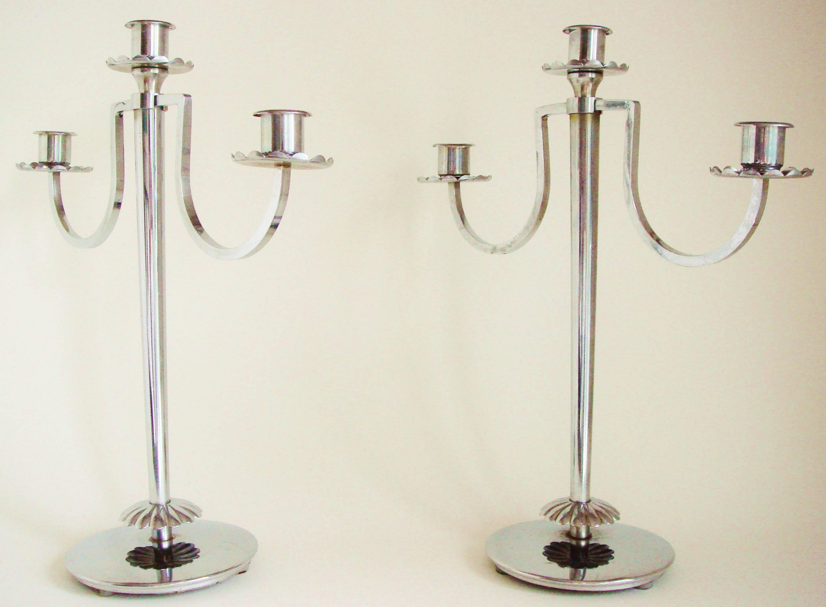 Plated Pair of American Art Deco Chrome Diana Candleholders by Harry Laylon for Chase For Sale