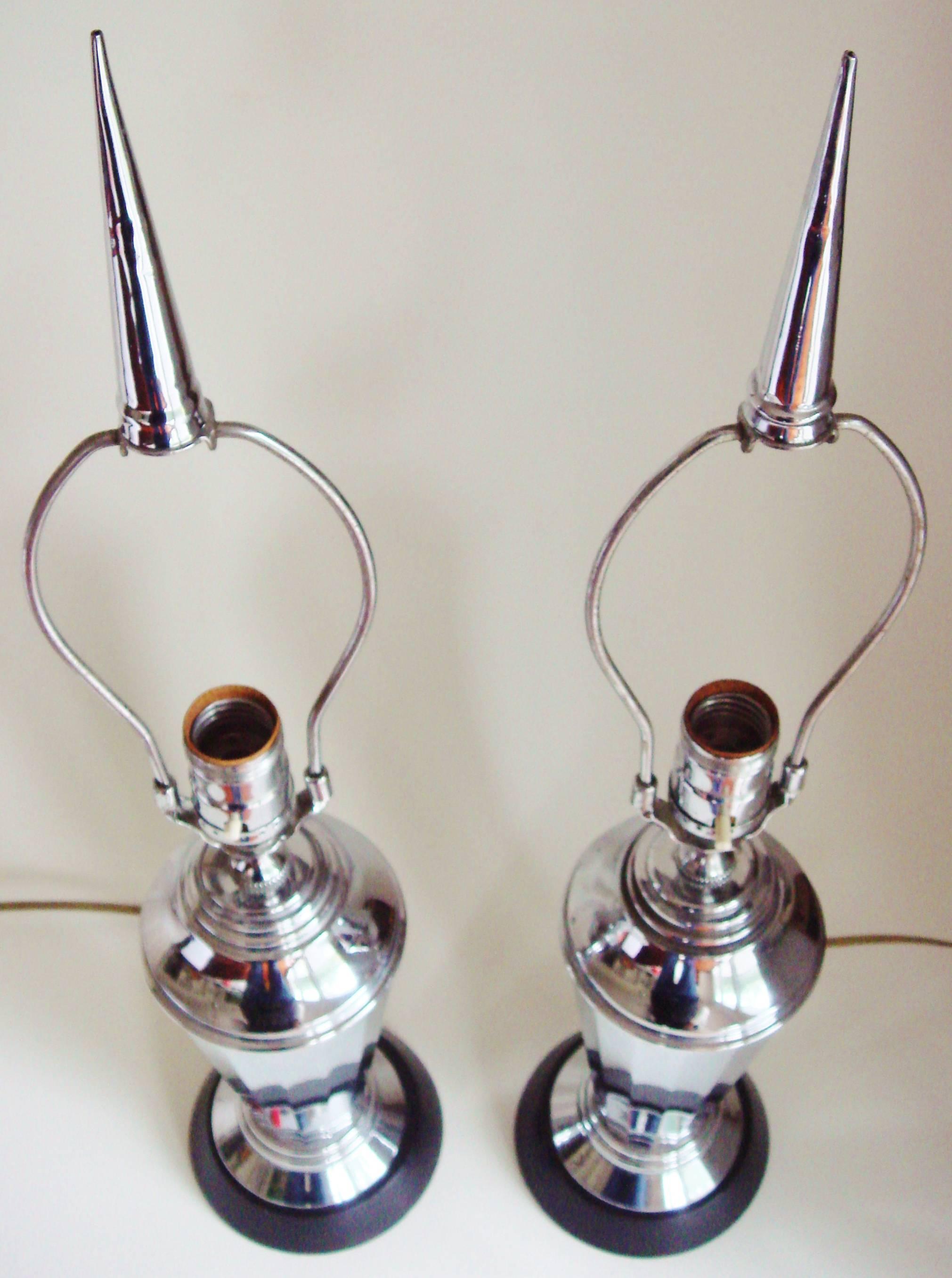 Pair of English Art Deco Chrome & Ebonized Wood Cocktail Shaker Table Lamps 2