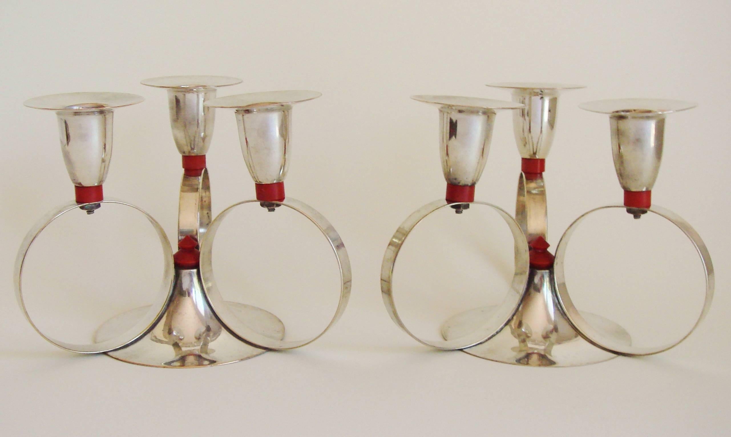 Pair of American Art Deco Silver Plated Candleholders with Red Bakelite Accents For Sale 2