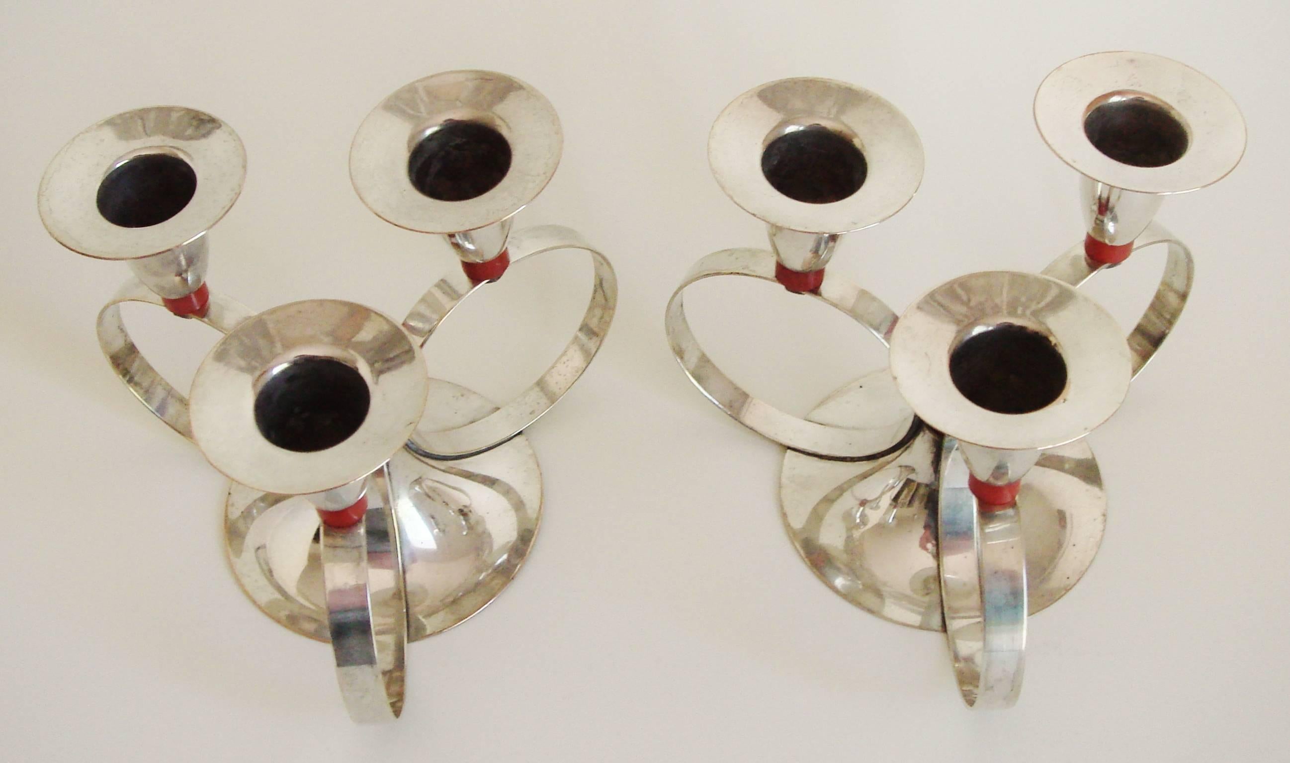 Pair of American Art Deco Silver Plated Candleholders with Red Bakelite Accents For Sale 1