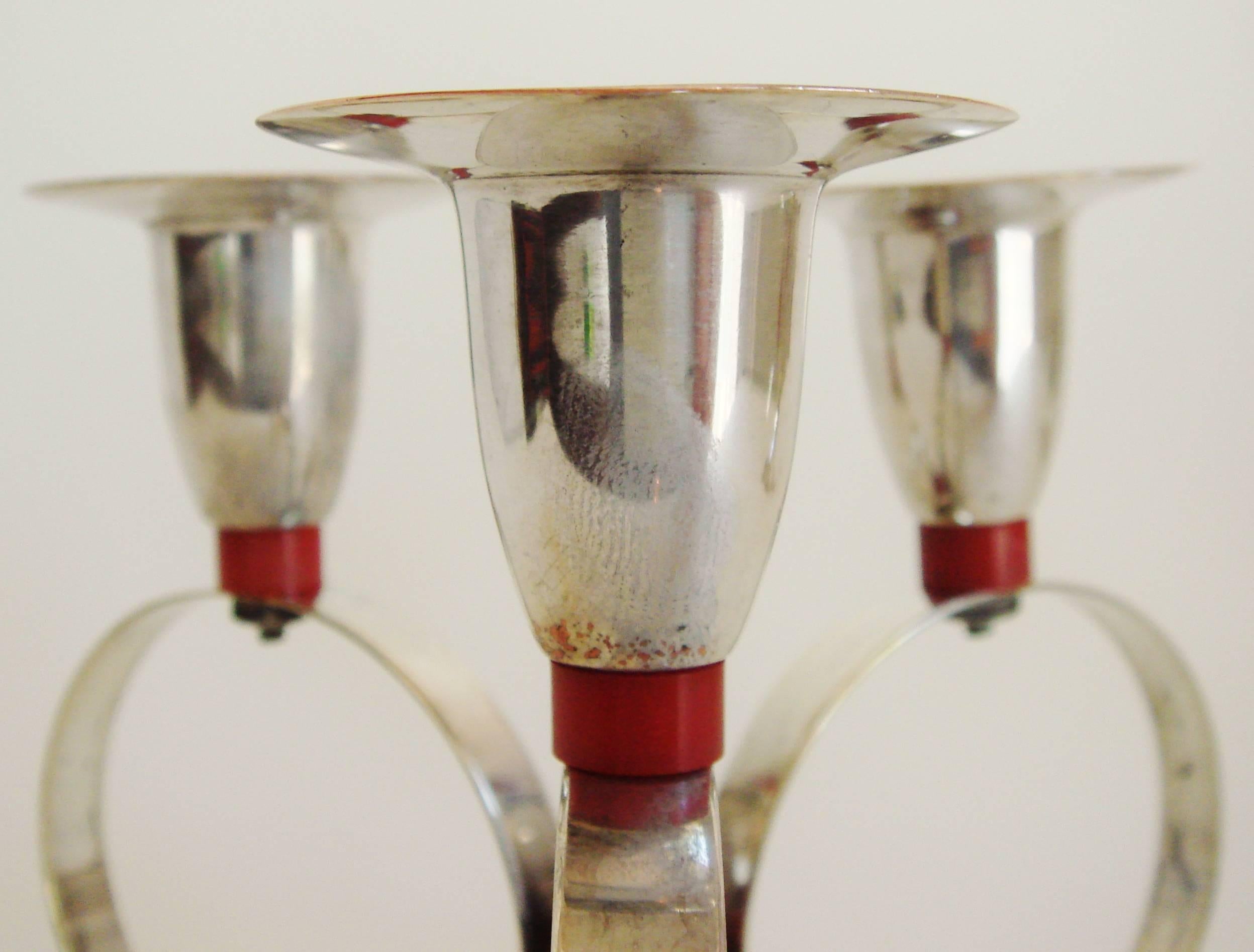 Molded Pair of American Art Deco Silver Plated Candleholders with Red Bakelite Accents For Sale