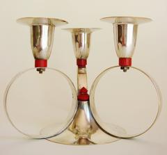 Pair of American Art Deco Silver Plated Candleholders with Red Bakelite Accents