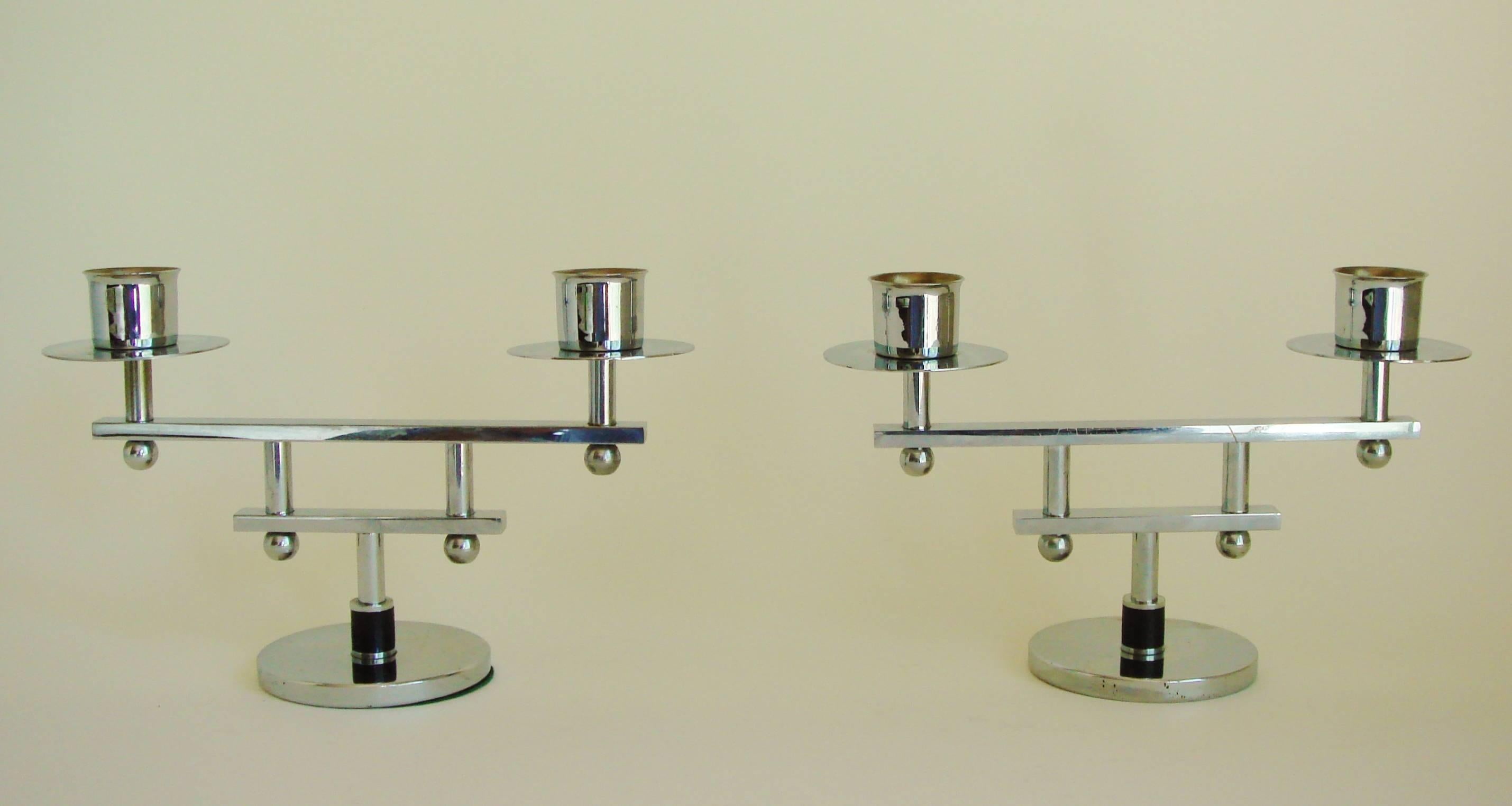 Pair of English Art Deco Chrome and Bakelite Architectural Twin Candleholders 1