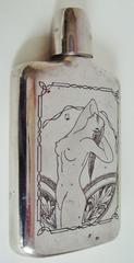 Japanese Mid-Century Etched Chrome Nude Flask & Cigarette Lighter/Case by Prince