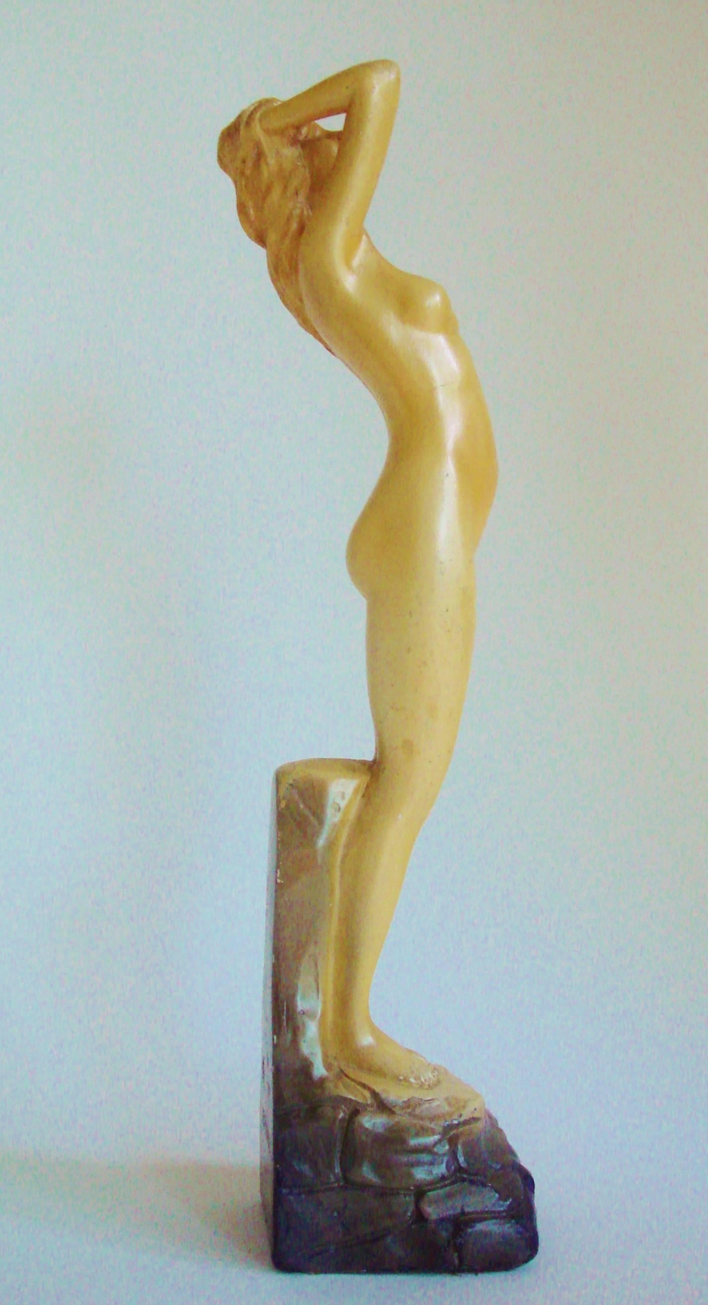 Painted Elegant English Art Deco Polychrome Plaster Female Nude Figure by Leonardi