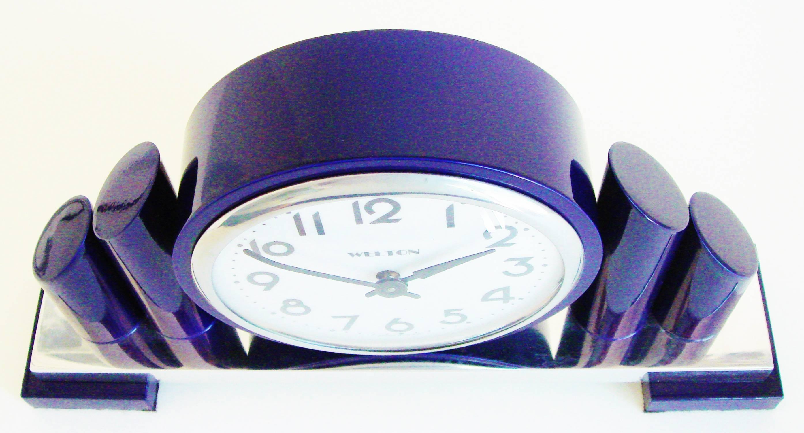 Mid-20th Century American Art Deco Revival Chrome & Blue Enamel Mechanical Mantel Clock by Welton For Sale