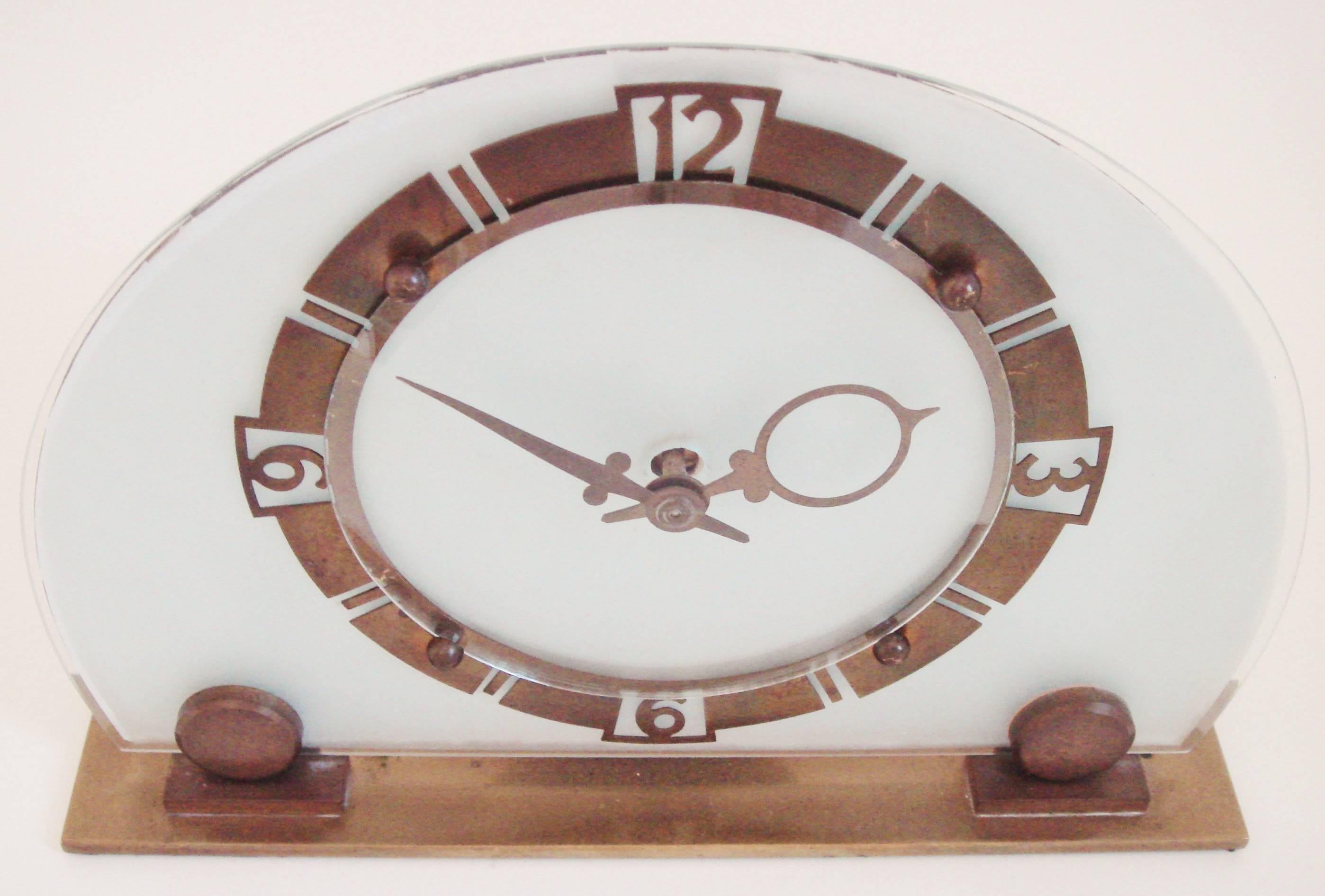 Mid-20th Century English Art Deco Brass and Beveled Glass Mechanical Demilune Clock by Smiths