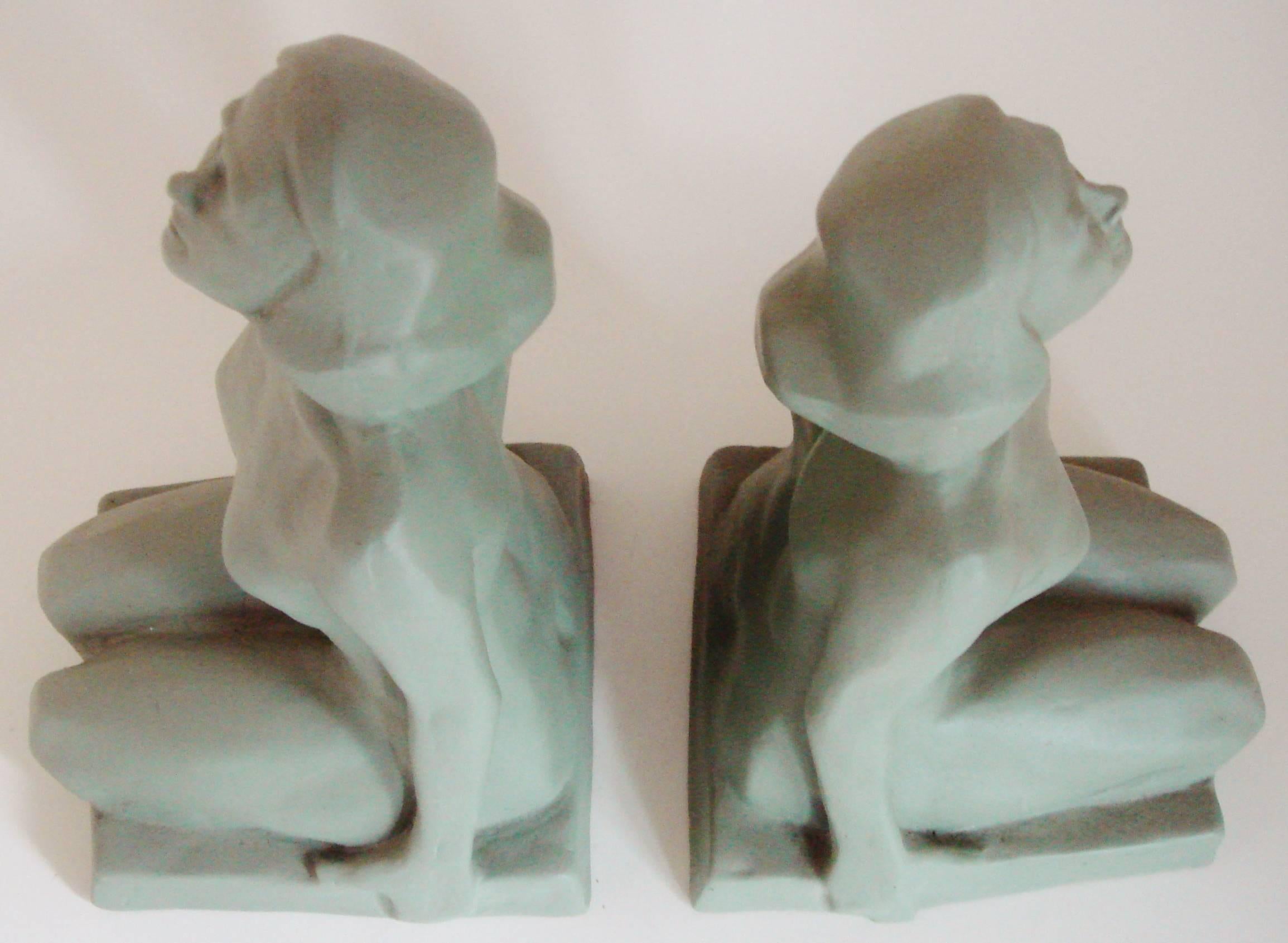 Molded Pair of American Art Deco Green Painted Female Nude Figural Ceramic Bookends For Sale