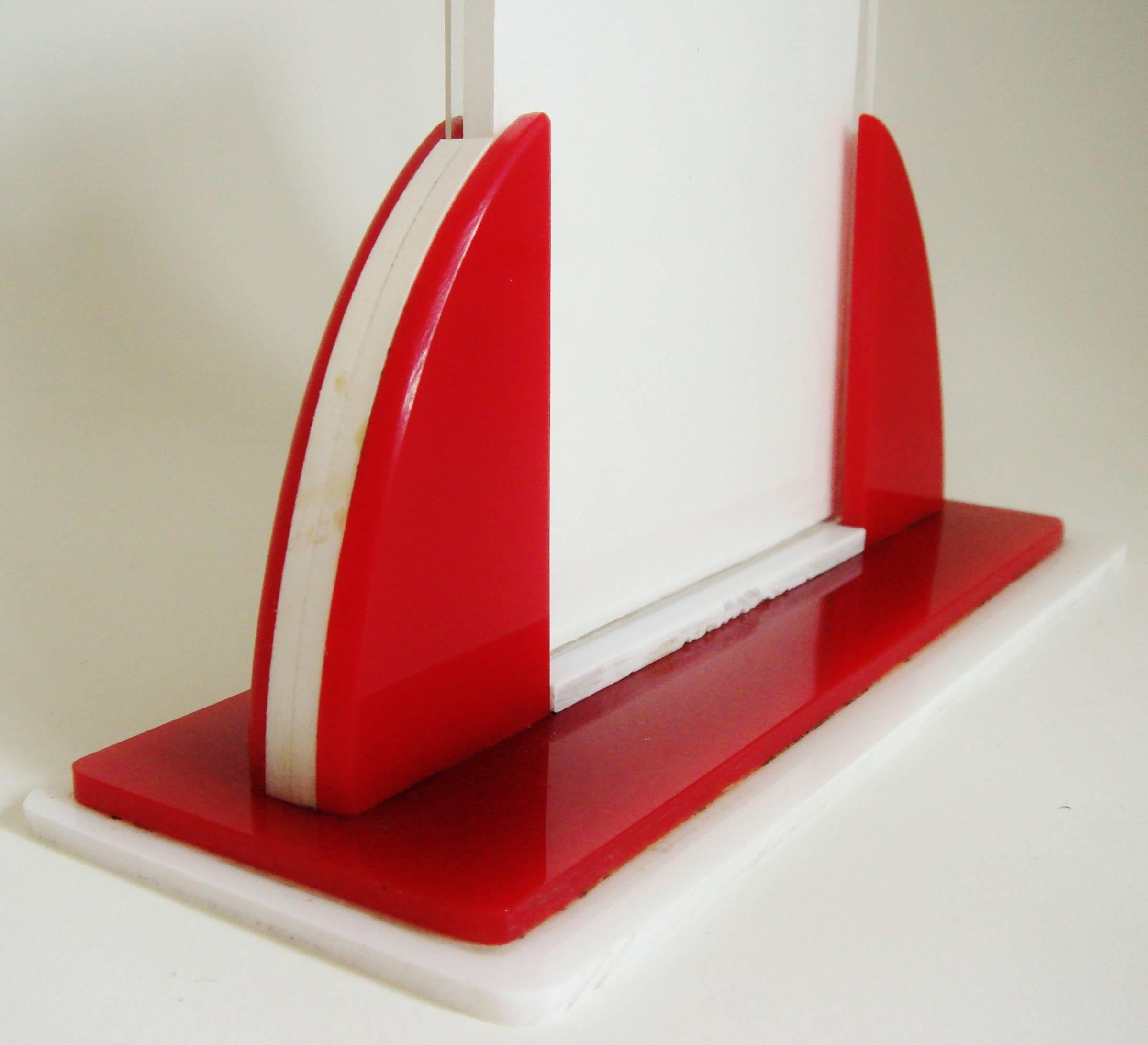Molded English Art Deco Red, White and Clear Lucite Odeon Style Desk Photo Frame