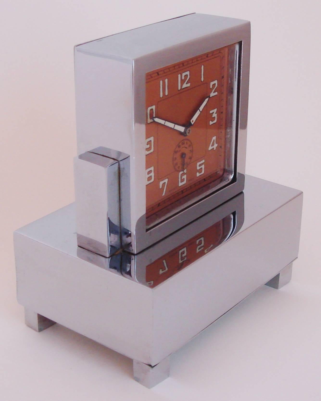Swiss Art Deco Chrome, Copper & Brass Architectural Musical Alarm Clock by Liga In Excellent Condition In Port Hope, ON
