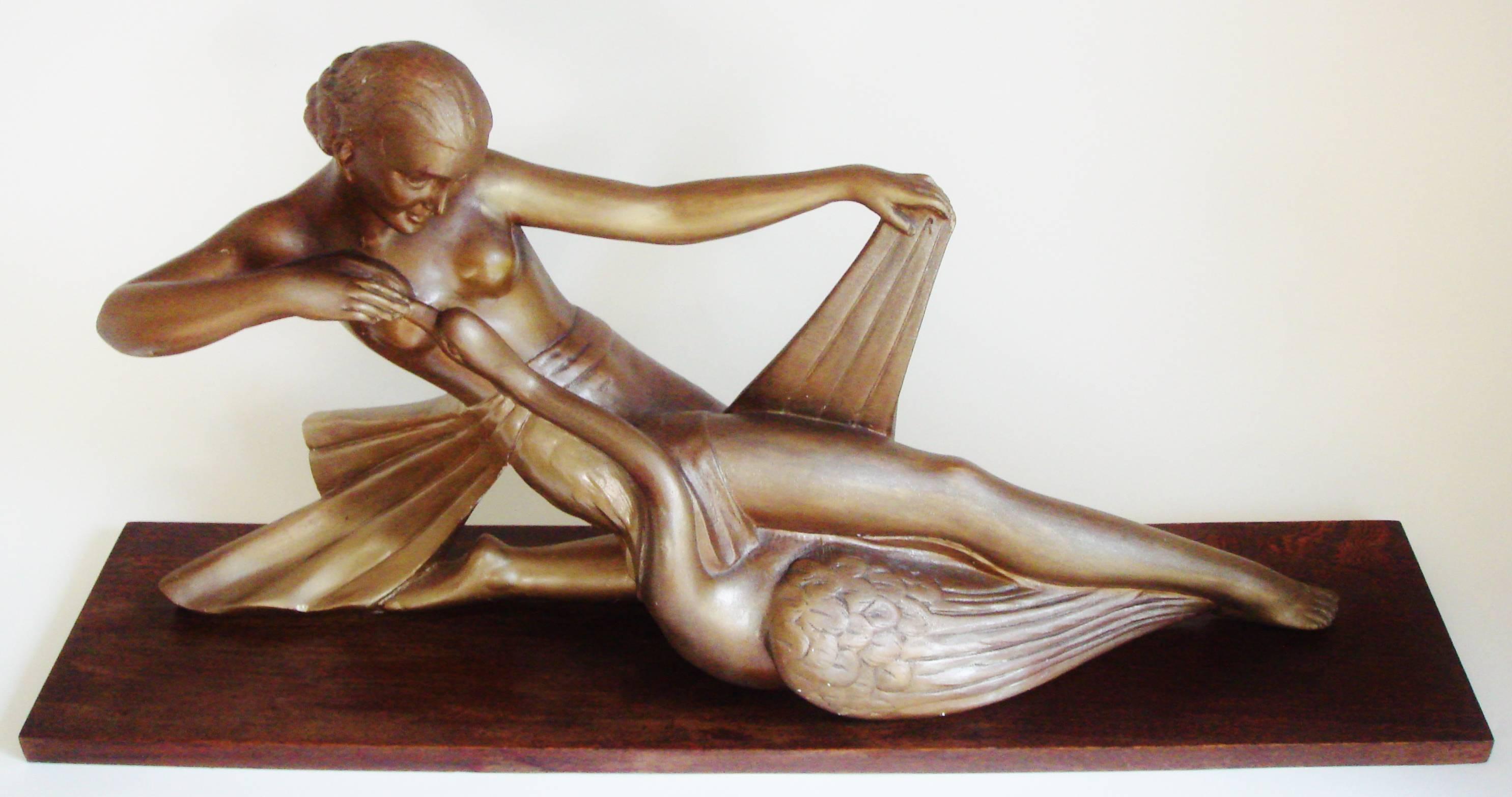 Painted Massive French Art Deco Plaster Figural Statue, Leda and the Swan by S.Melani For Sale