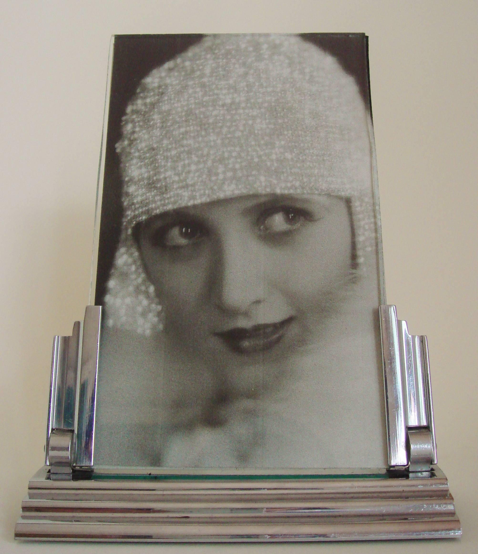 Plated Pair of French Art Deco Chrome Ziguratt Stepped and Angled Photo Frames