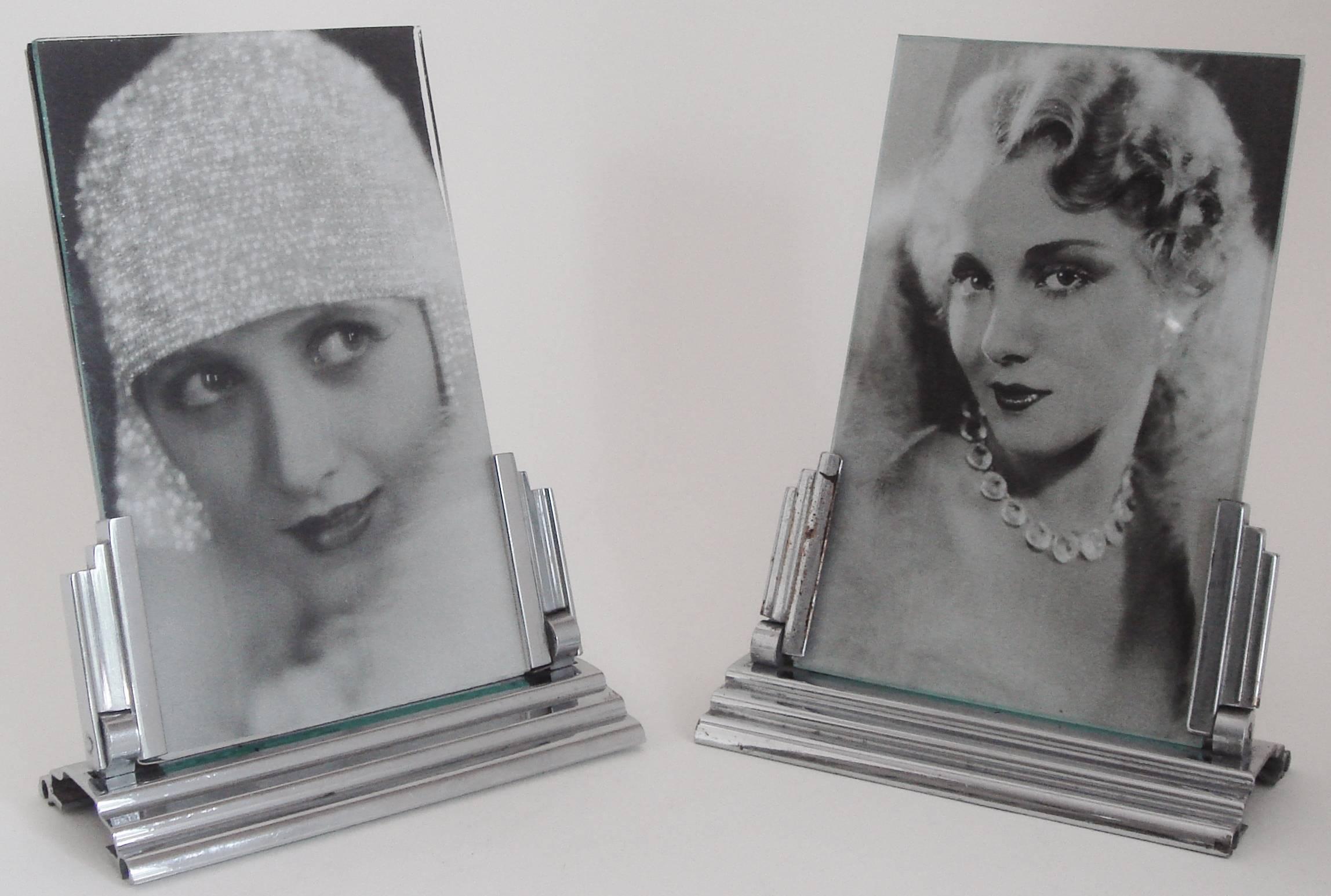 Mid-20th Century Pair of French Art Deco Chrome Ziguratt Stepped and Angled Photo Frames
