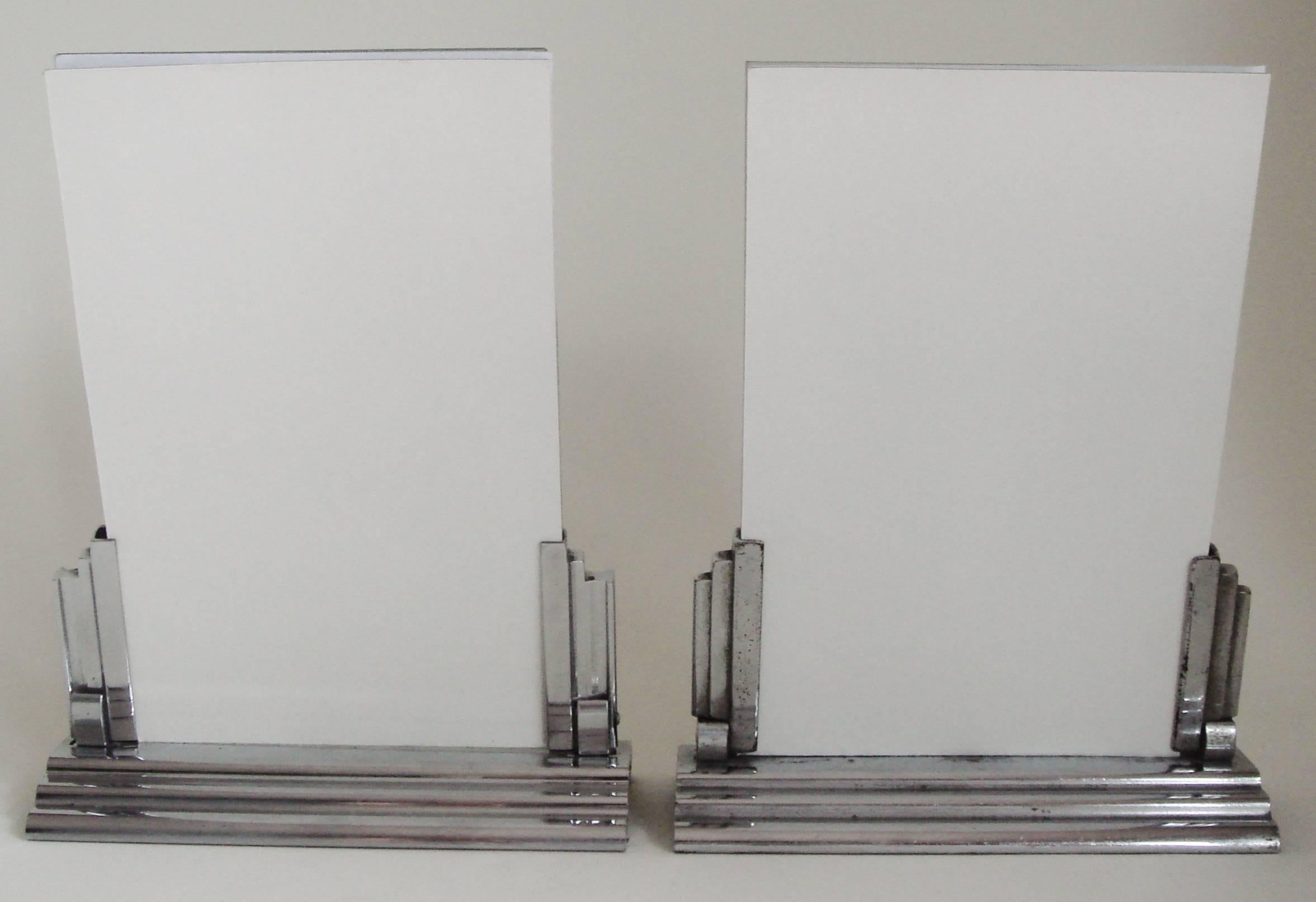 Pair of French Art Deco Chrome Ziguratt Stepped and Angled Photo Frames 1