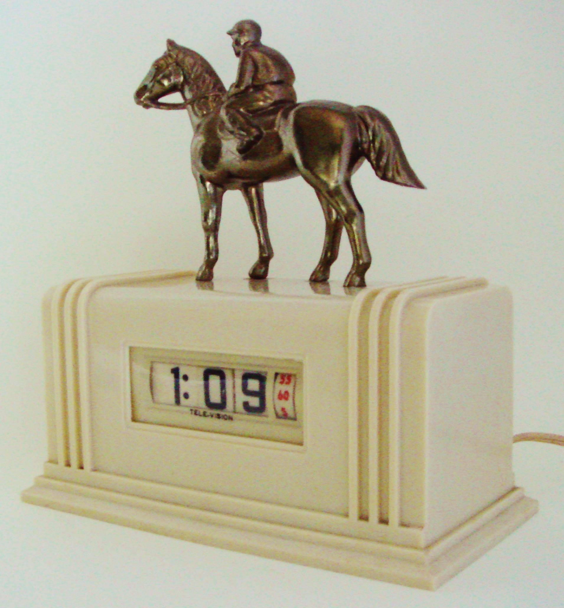 Bronzed Rare American Art Deco White Plaskon & Spelter Figural Chieftain Trophy Clock For Sale