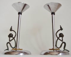 Pair of English Chrome Art Deco "Show Me The Way To Go Home" Candlesticks