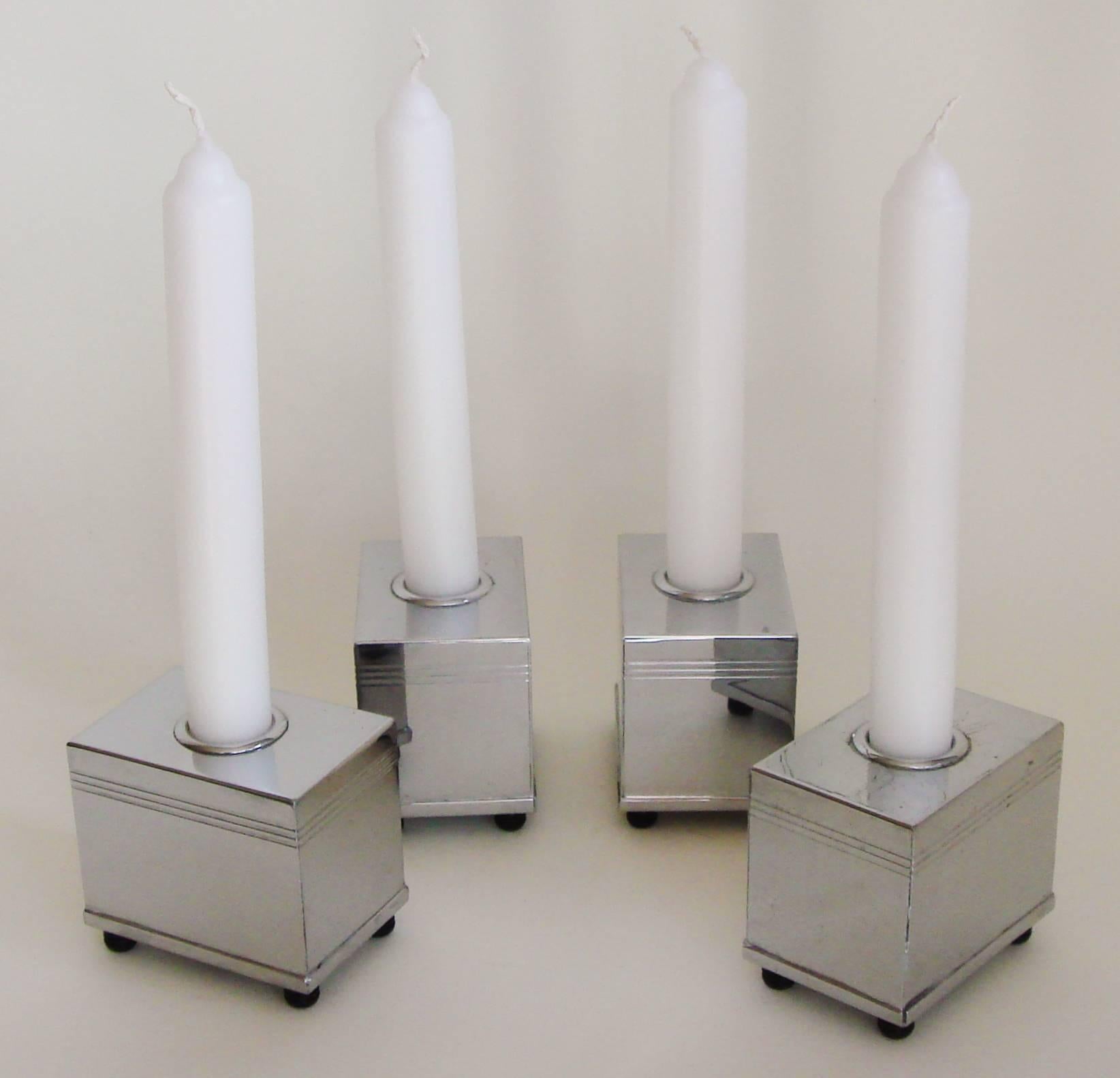 Painted Four Rare American Art Deco Chrome Chase Architex Candlesticks by Lurelle Guild For Sale