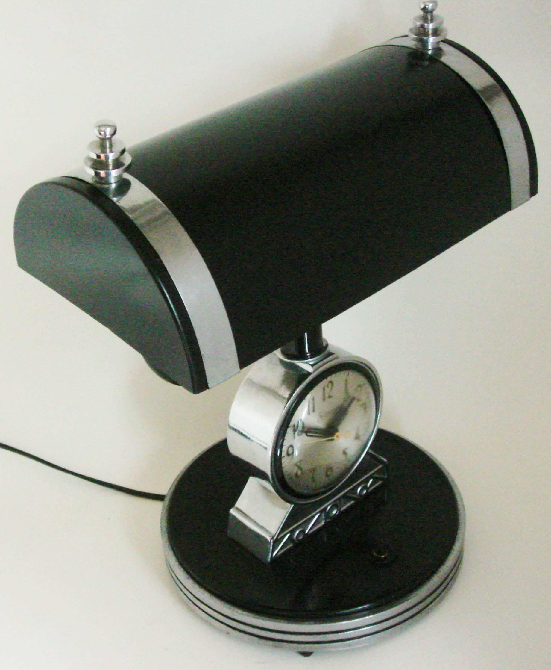 American Art Deco Chrome & Black Markel Desk Lamp & Sessions Clock Combination 3