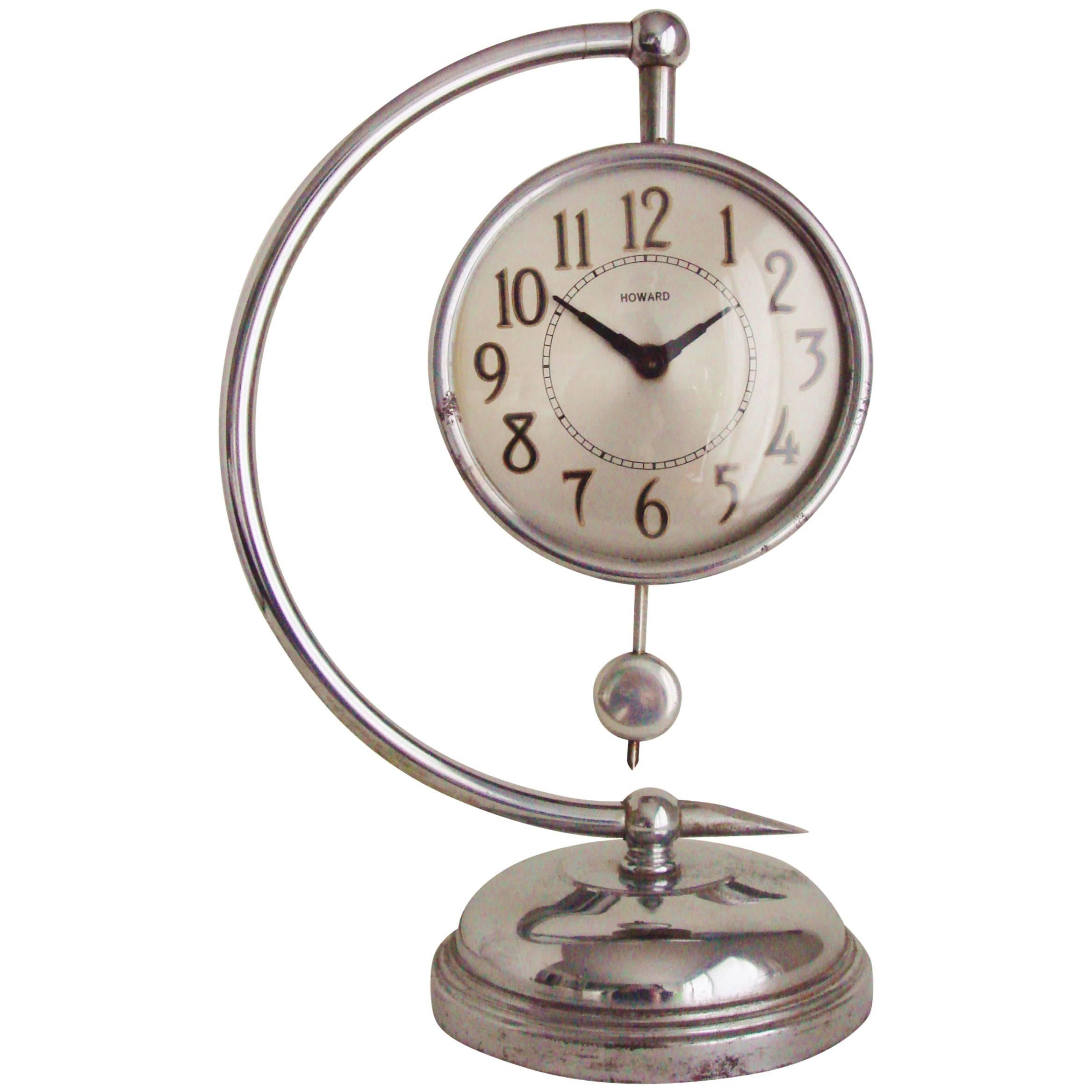 American Art Deco Chrome Electric Howard Mfg. Co. Demilune Mantel Clock For Sale