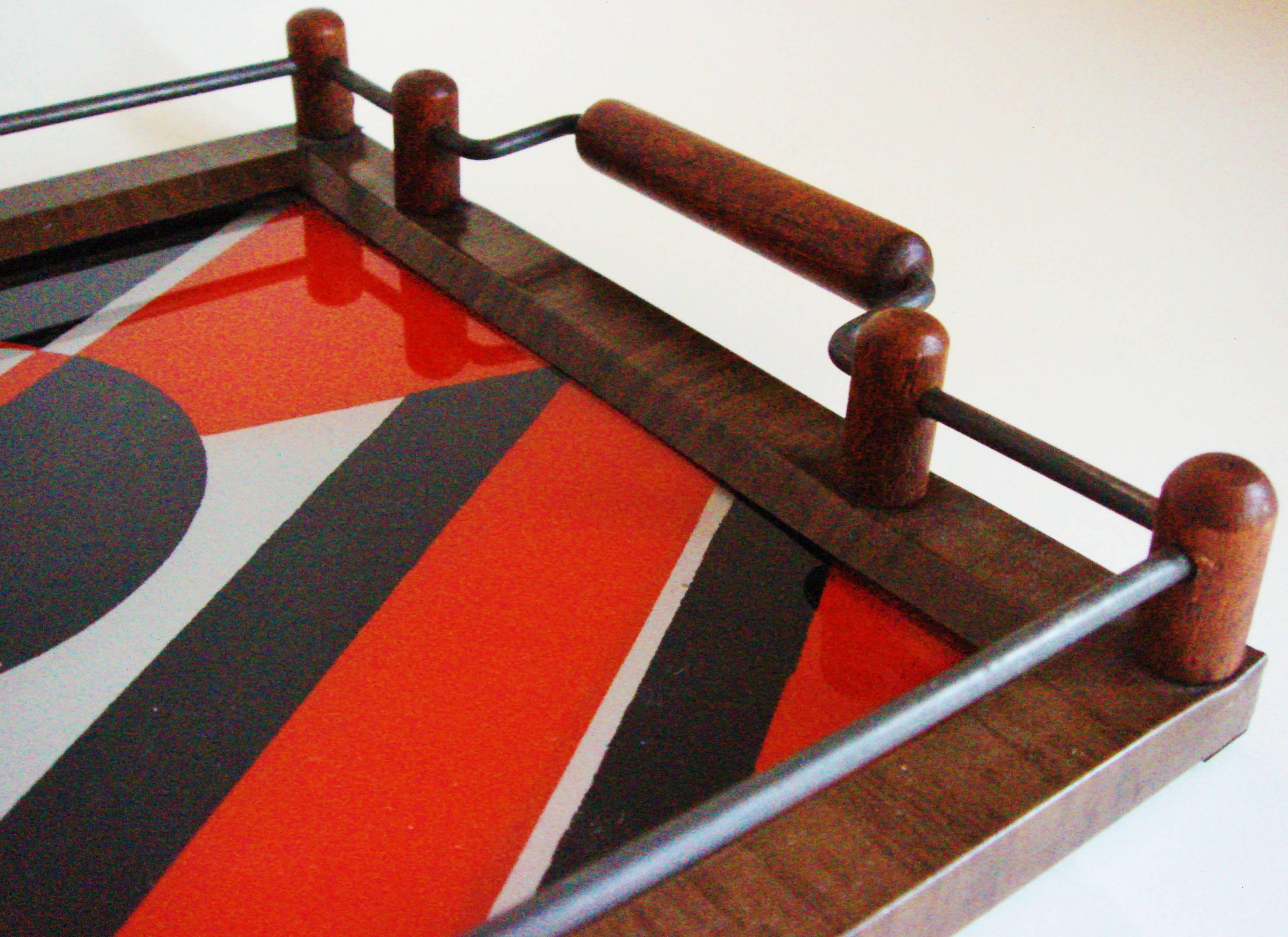 Faux Bois American Art Deco Reverse Painted Red, Black and Silver Jazz Age Liqueur Tray