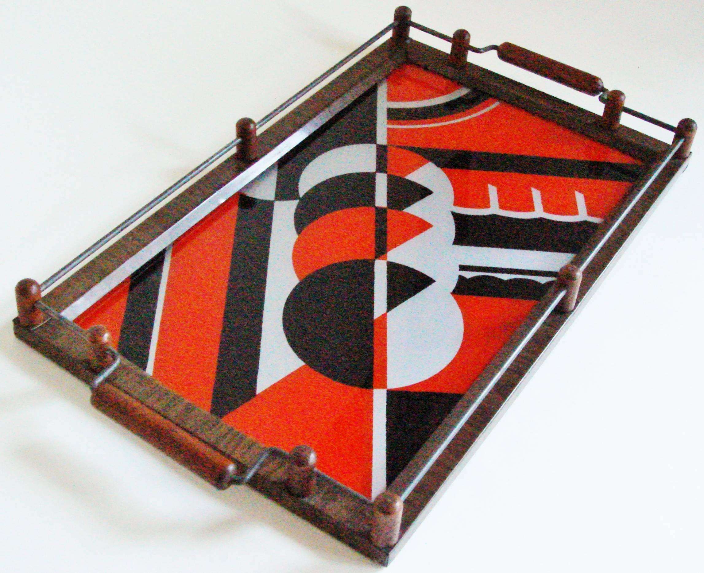 American Art Deco Reverse Painted Red, Black and Silver Jazz Age Liqueur Tray In Excellent Condition In Port Hope, ON